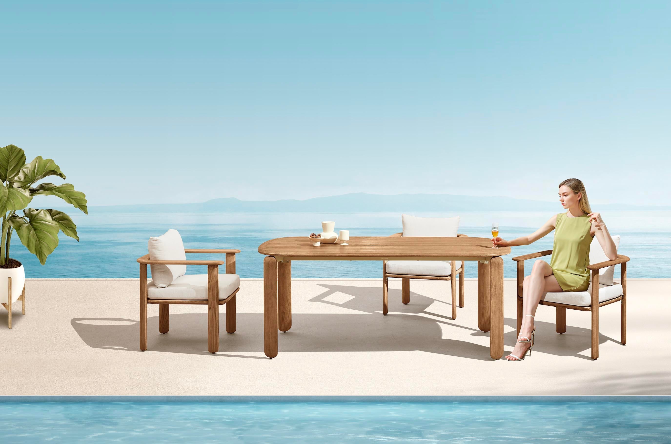 Ensemble repas de jardin 6 places en teck FSC massif, design italien, chaises avec tissu acrylique déperlant et housse.