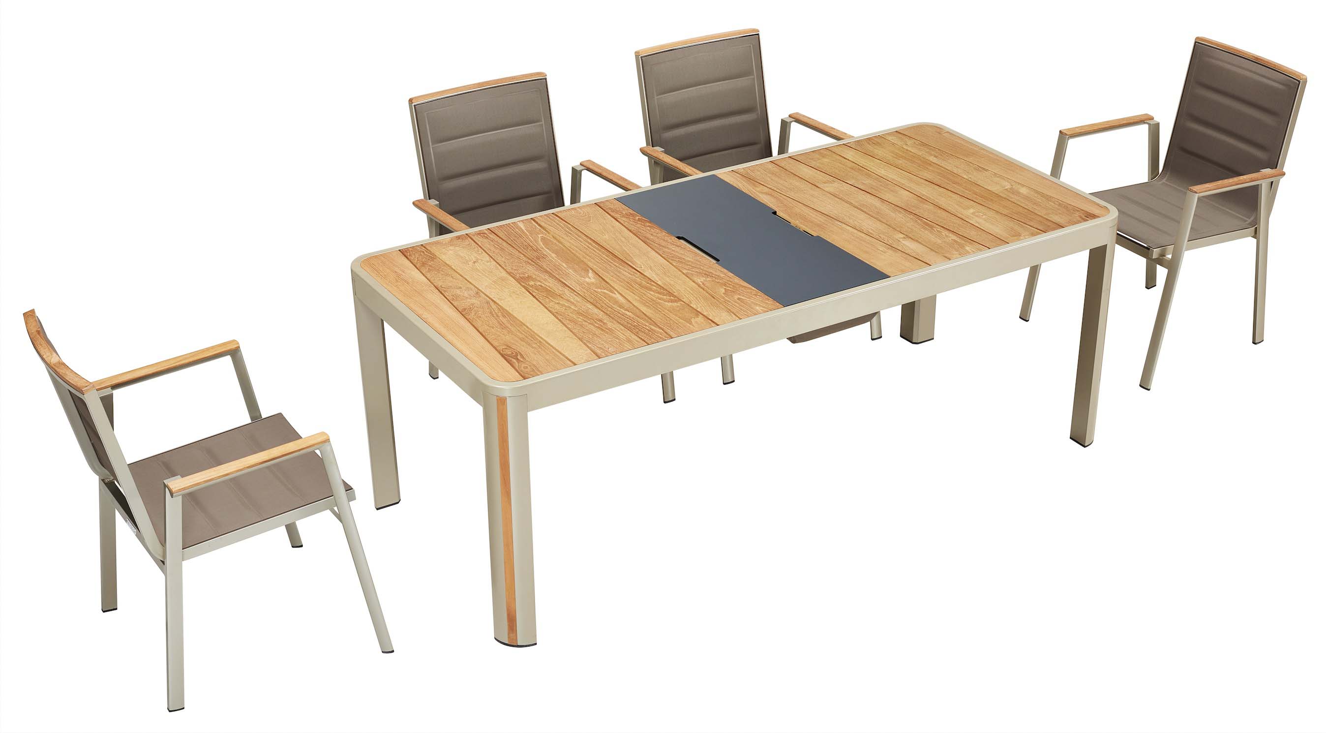 Ensemble repas 6 places avec structure aluminium inoxydable et plateau en Teck FSC, chaises empilables avec coussins.