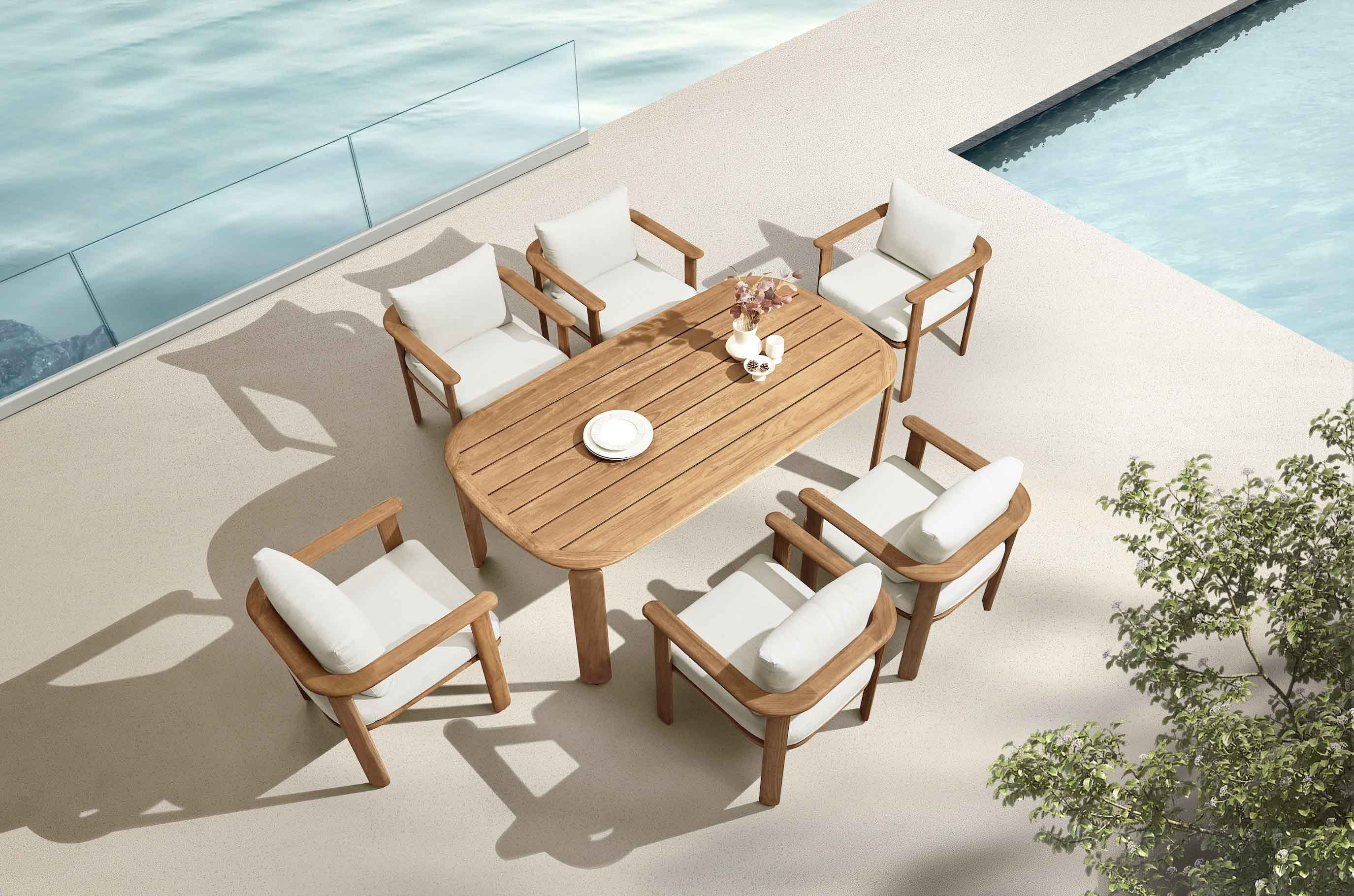 Ensemble repas 6 places en teck FSC massif, design italien, chaises en tissu acrylique déperlant avec housse déhoussable,.