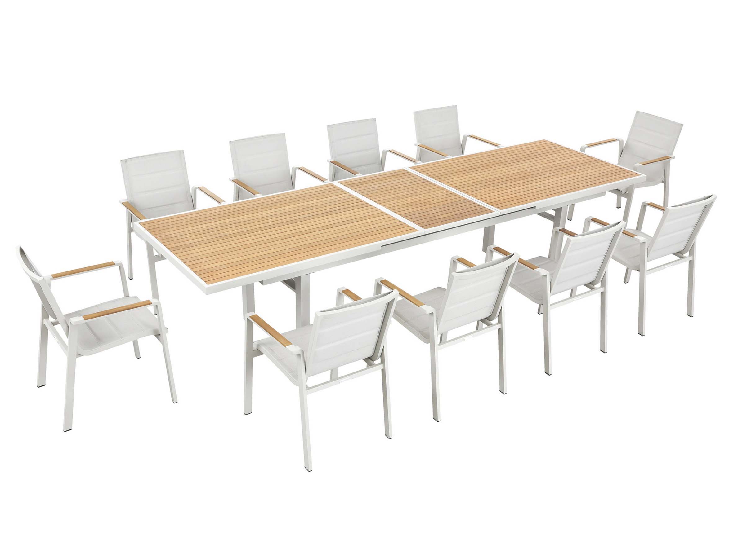 Ensemble repas 10 places avec table extensible en aluminium haut de gamme et plateau en teck FSC, chaises élégantes avec.