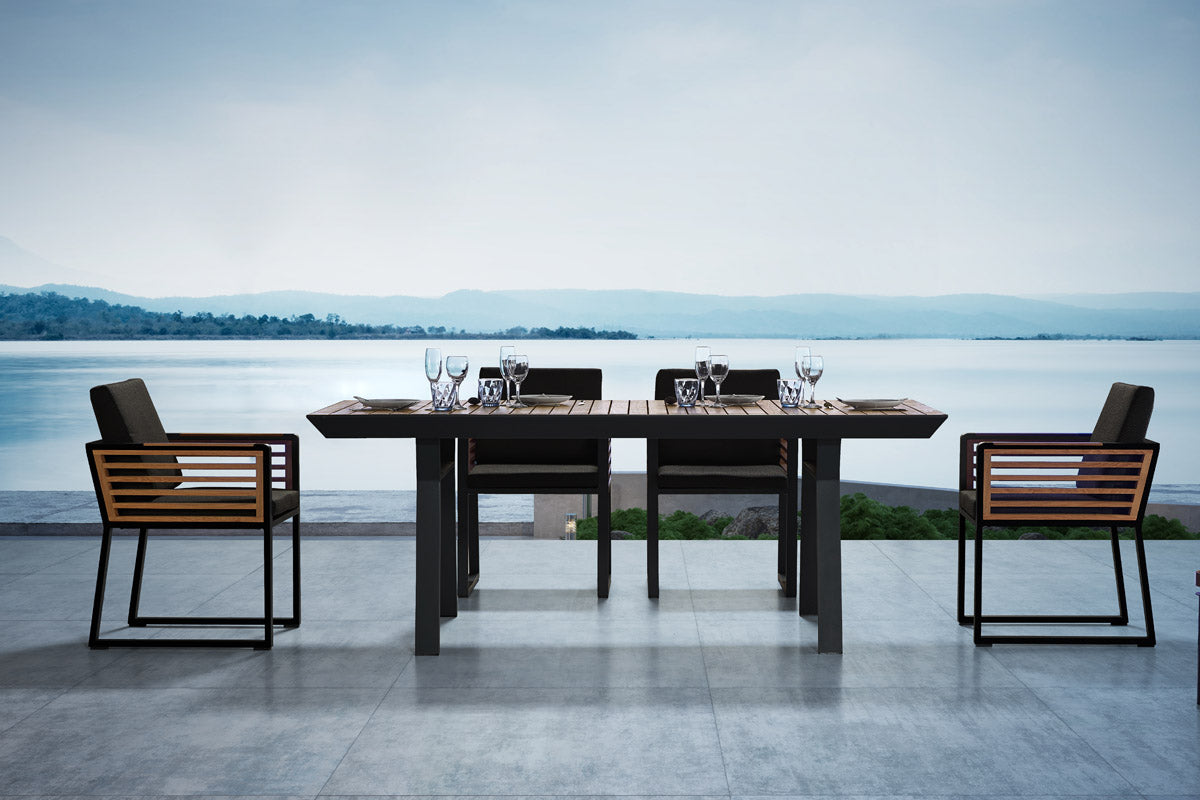 Ensemble repas 6 places luxe avec table en aluminium et plateau en Teck FSC, chaises assorties aux accoudoirs en teck