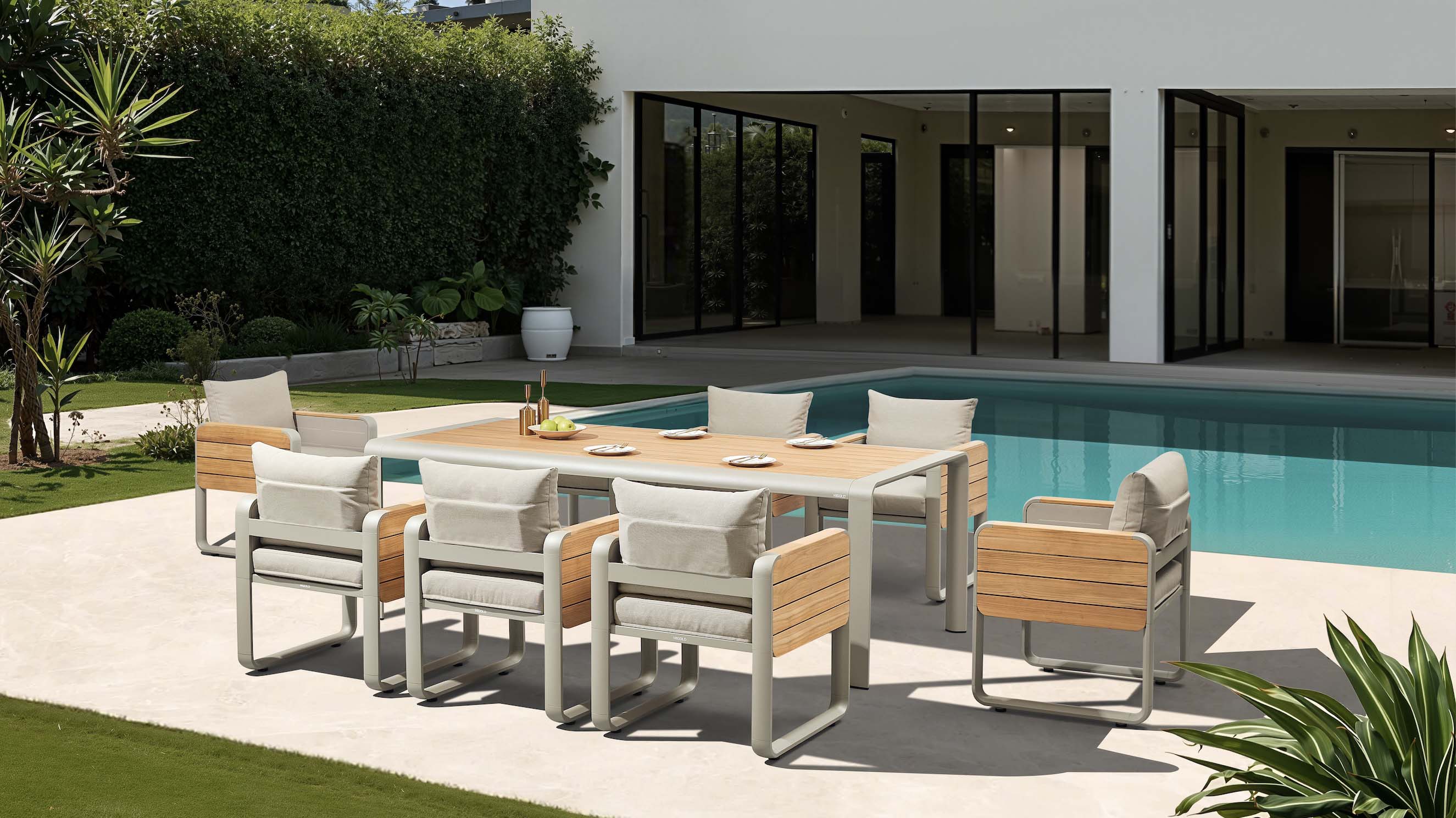 Ensemble repas extérieur en aluminium et en teck - TALIA