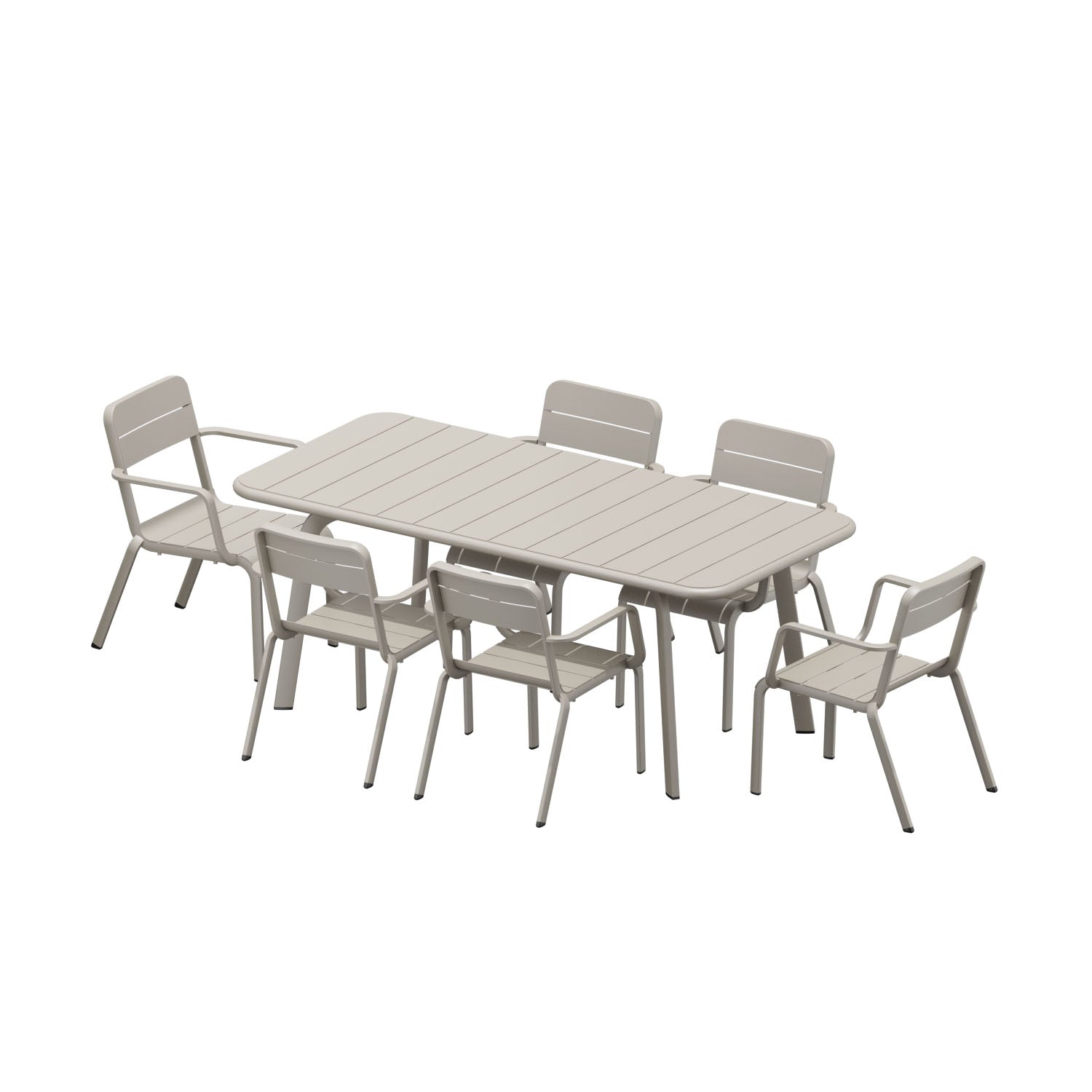 Ensemble repas extérieur beige en aluminium haut de gamme avec peinture epoxy, table rectangulaire et six chaises empilables.