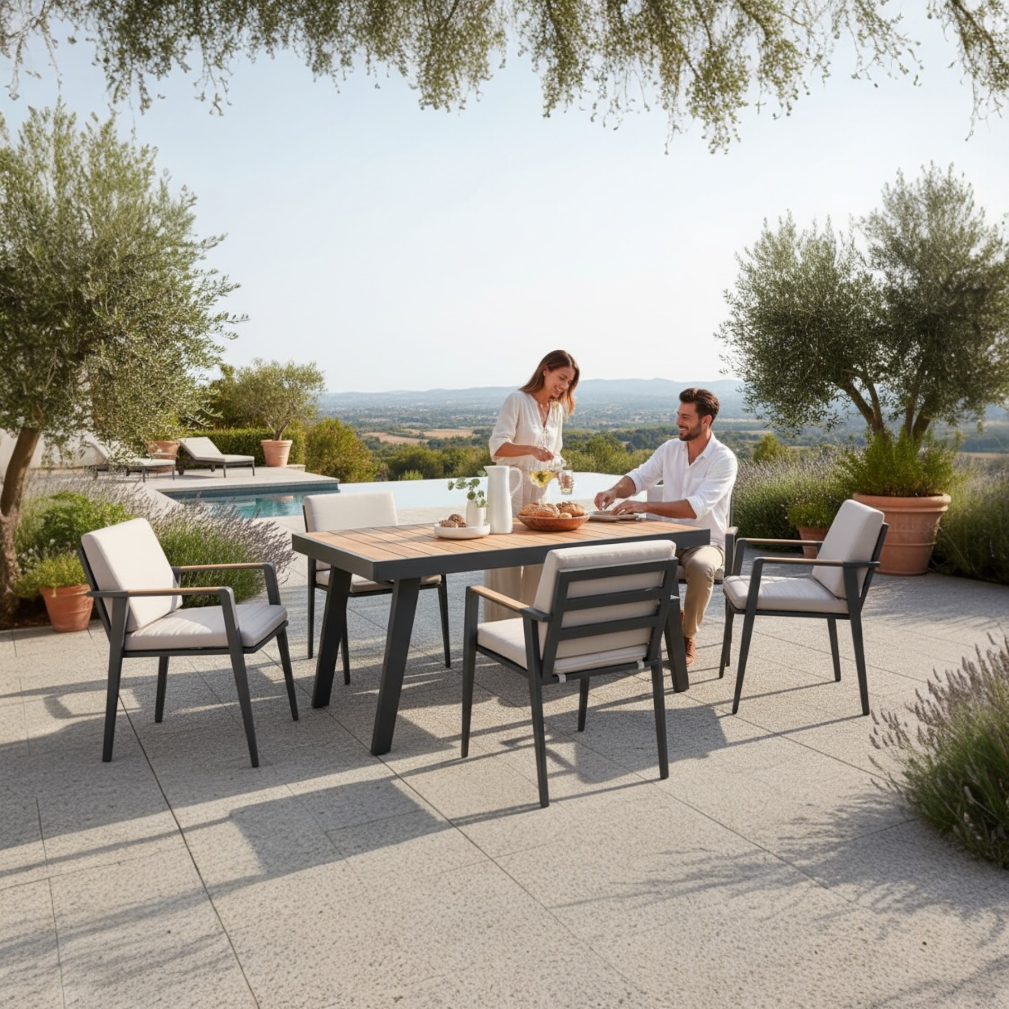 Ensemble repas en aluminium et en teck - LOVY 6PLACES