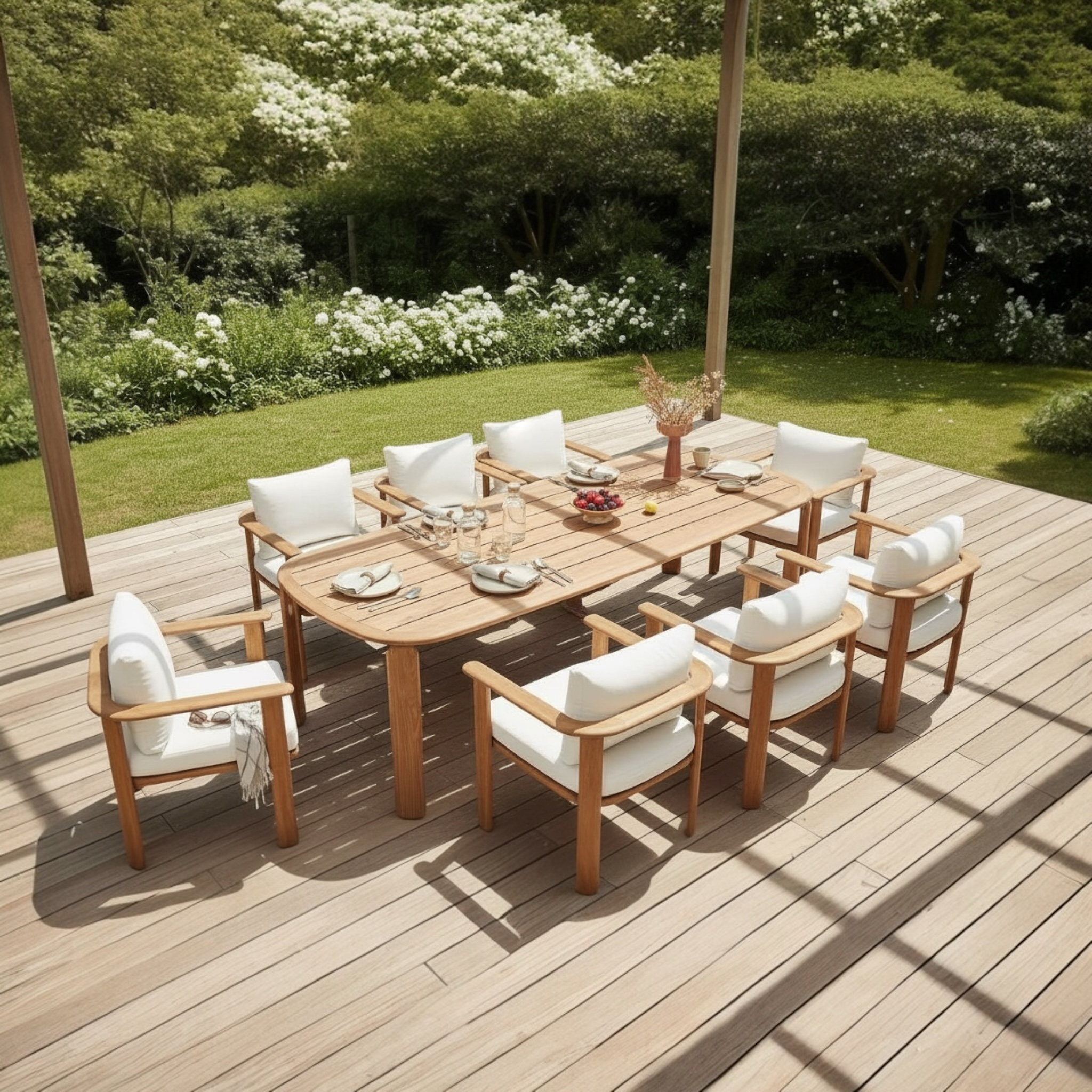 Ensemble de repas extérieur en teck FSC massif avec huit fauteuils en bois naturel, coussins en tissu acrylique déperlant.
