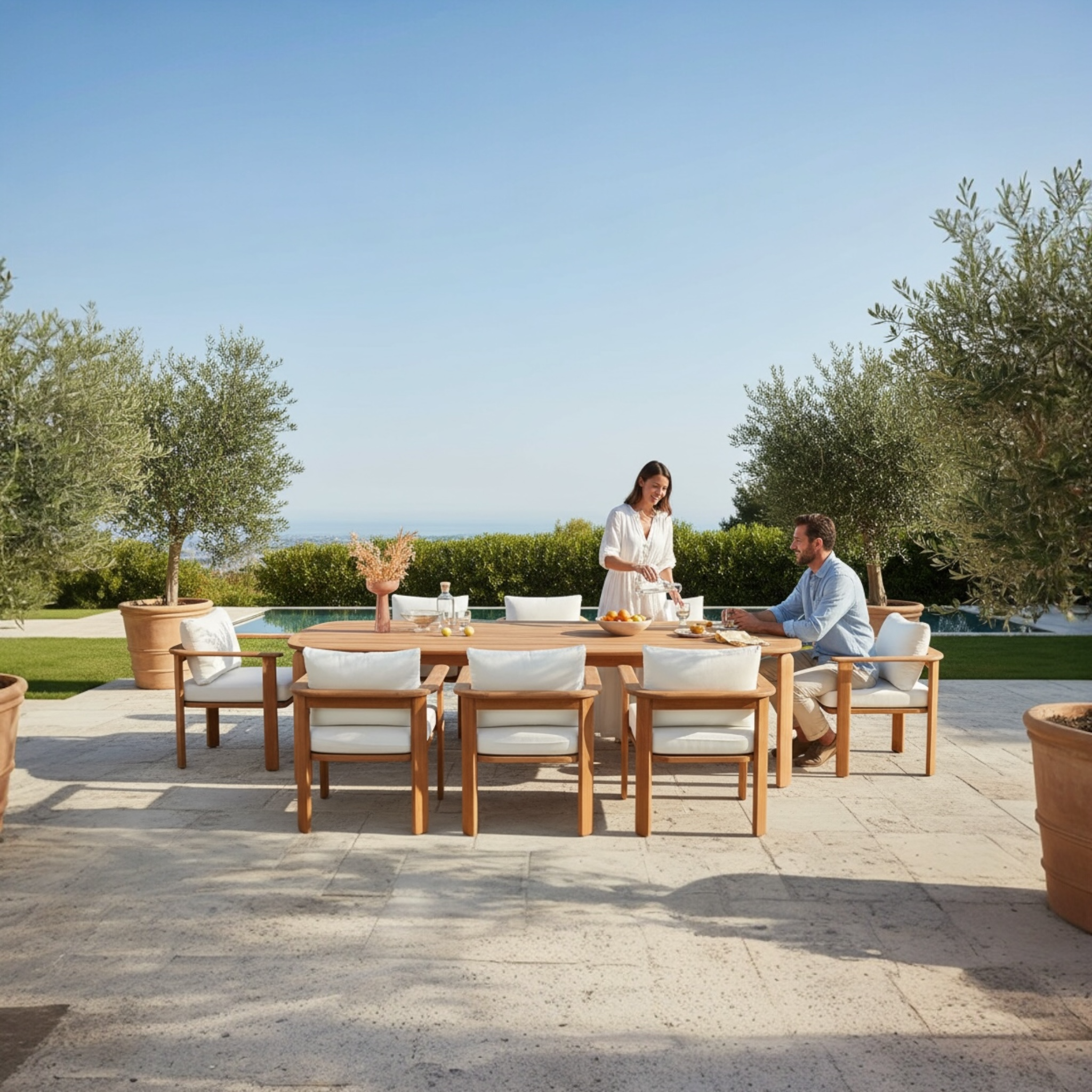 Ensemble repas jardin 8 places en teck FSC massif, design italien, chaises avec housses déhoussables en tissu acrylique.