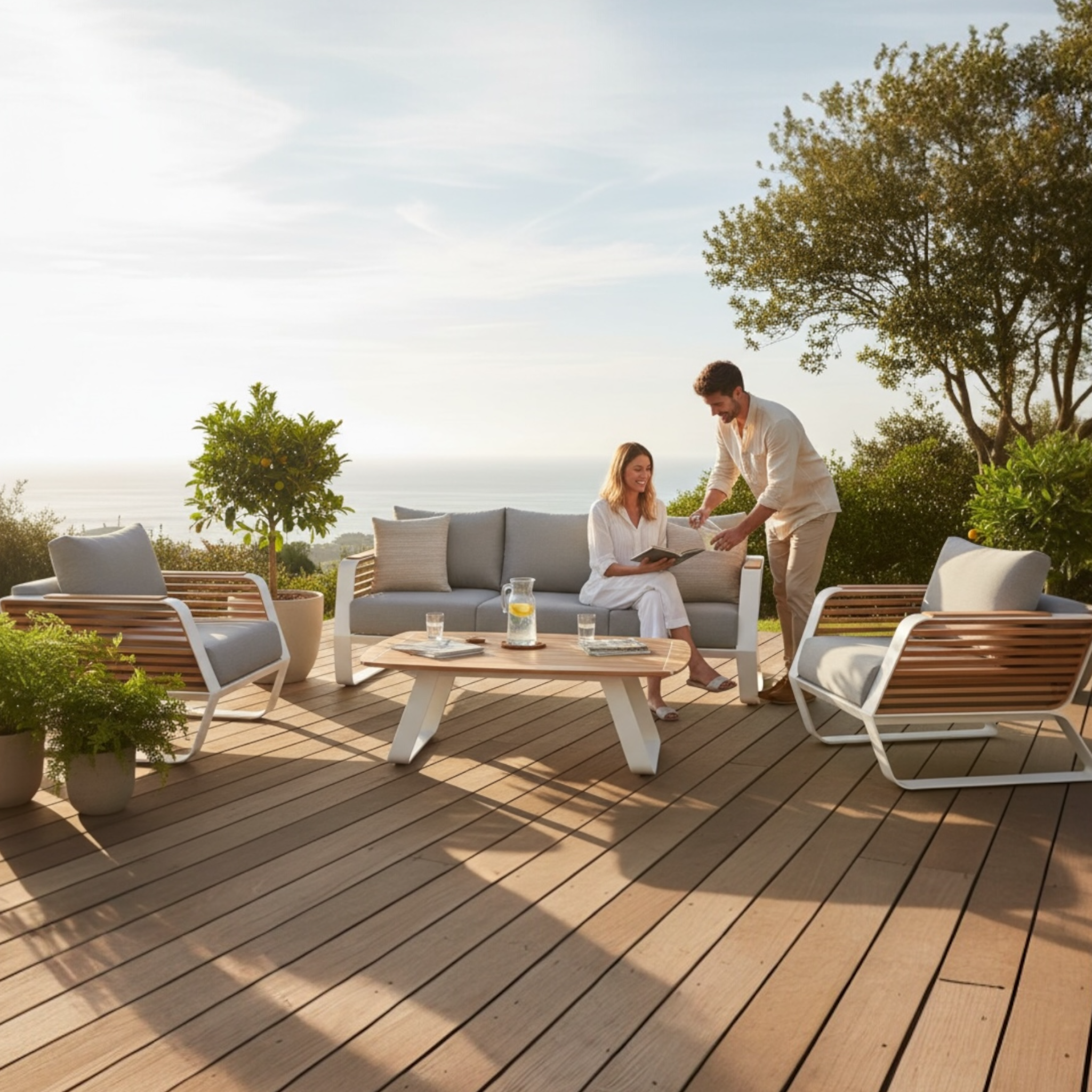 Salon AILY BIS haut de gamme en aluminium blanc et teck, assises grises