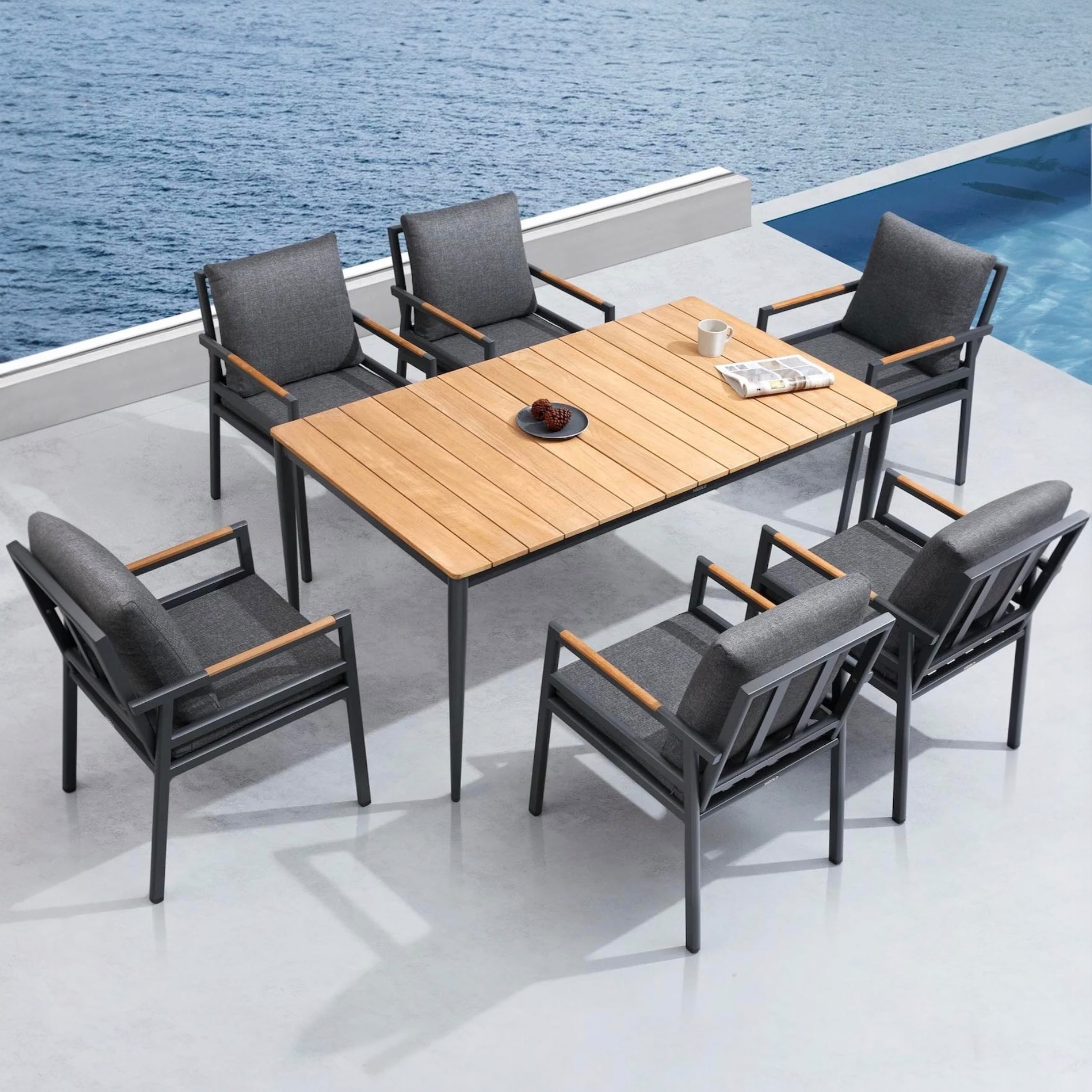 Table et 6 fauteuils de jardin en aluminium noir et teck