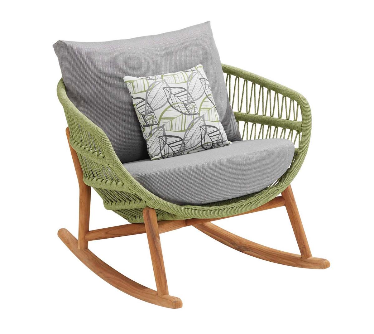 Fauteuil à bascule en teck FSC avec structure en corde tressée vert olive, coussin déhoussable gris déperlant, petit coussin .
