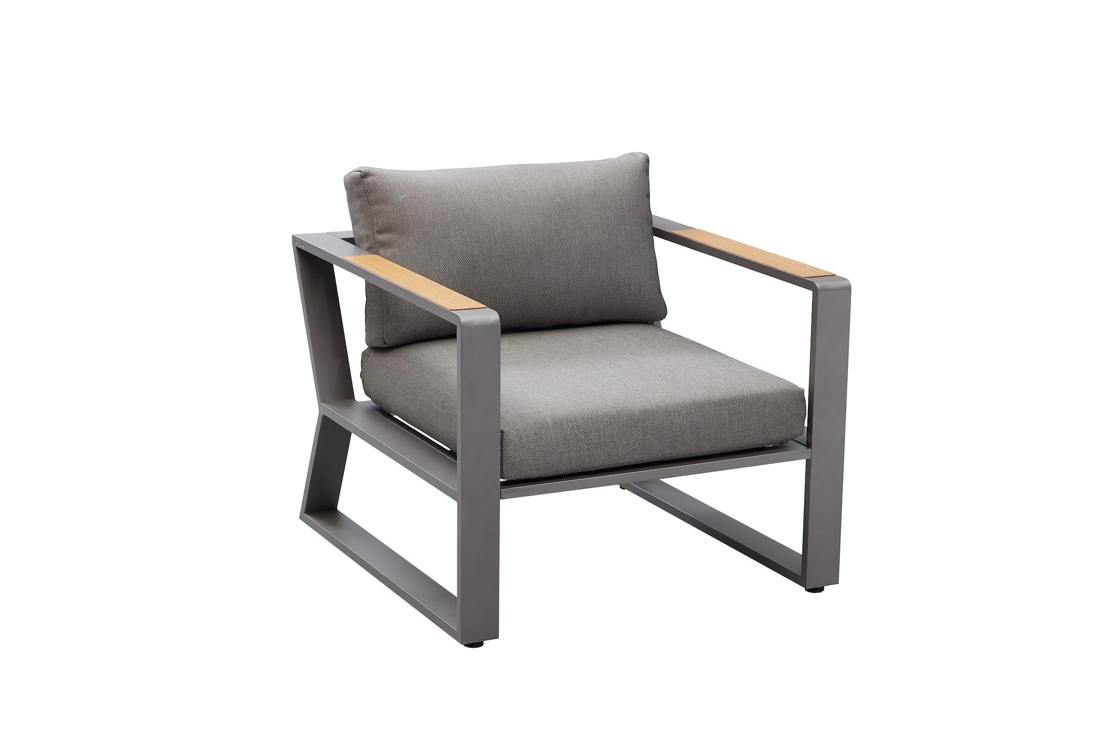 Fauteuil design innovant en aluminium haut de gamme gris avec peinture époxy, accoudoirs en teck FSC élégant, coussins gris.