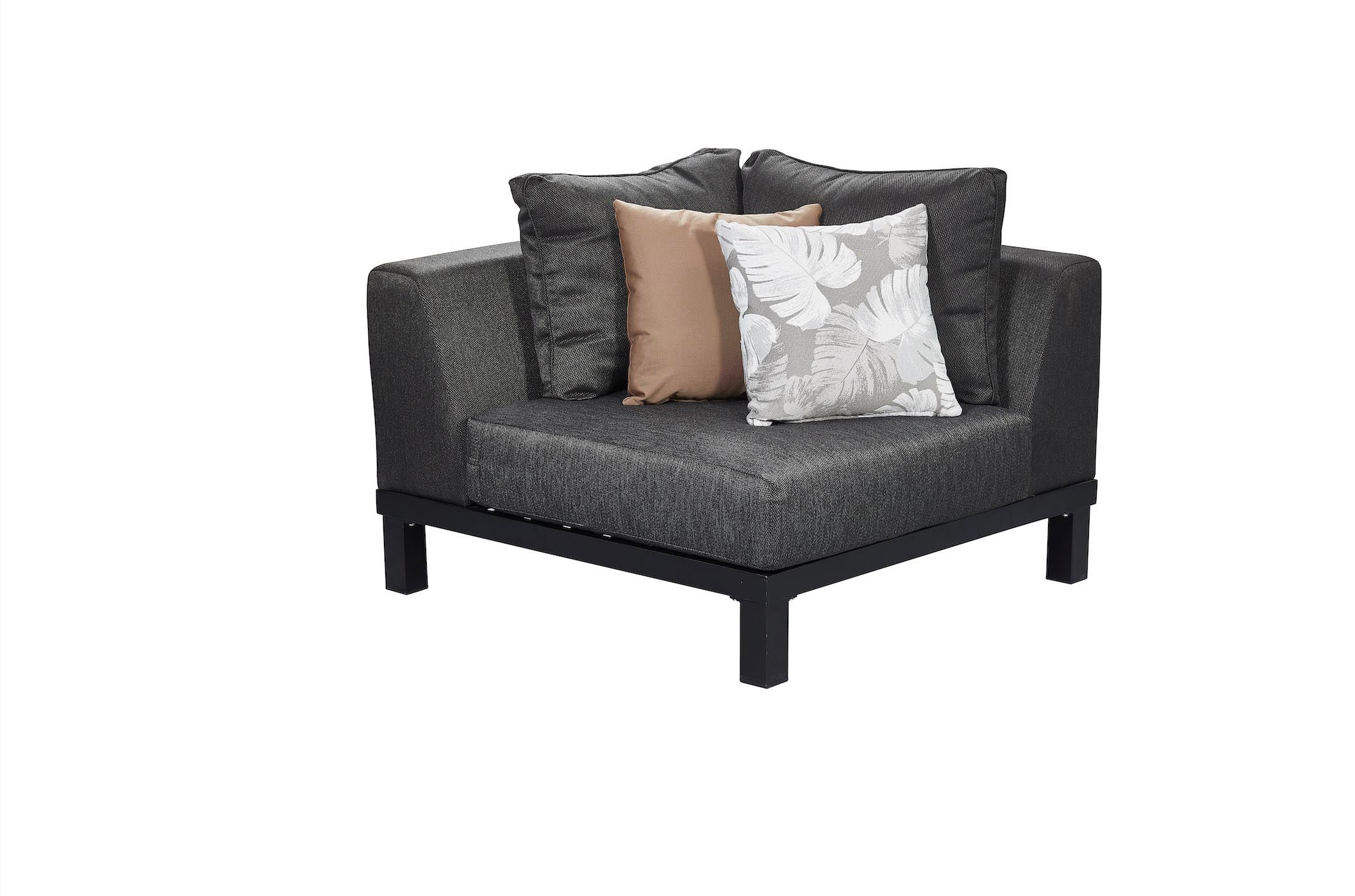 Coin canapé d’angle luxe en aluminium design noir, coussins épaissis en tissu Oléfine 100% polypropylène, assise en Teck FSC.