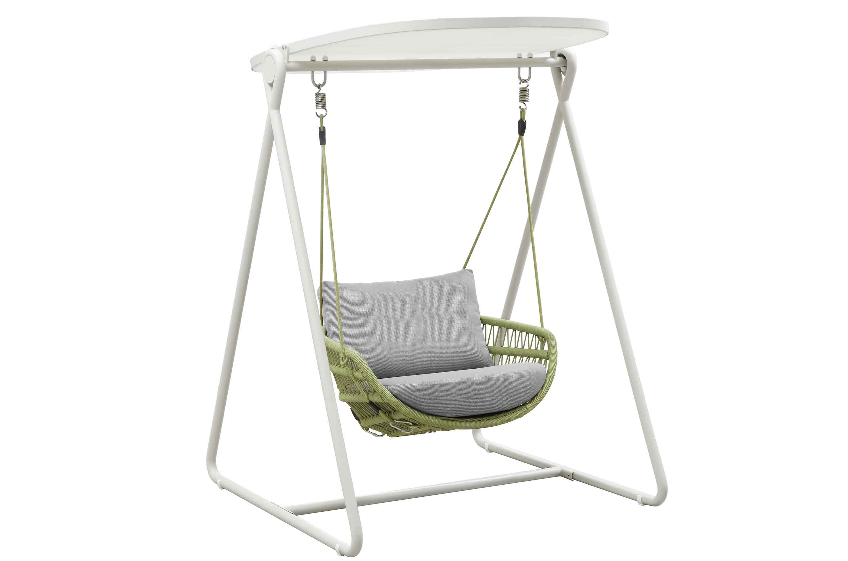 Balancelle de jardin en corde tressée verte suspendue à une structure en teck FSC blanc, coussin déhoussable gris déperlant, .