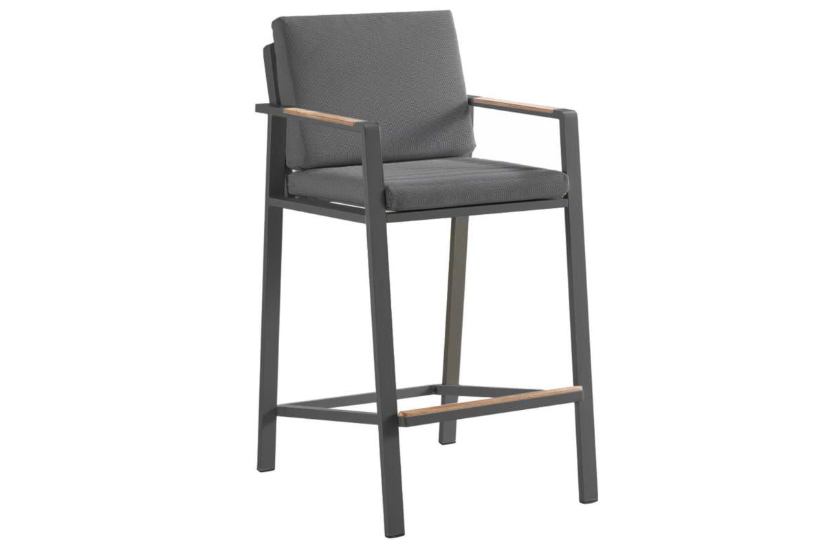 Tabouret de bar en aluminium haut de gamme noir avec accoudoirs en teck FSC, assise et dossier en tissu oléfine gris, housse .