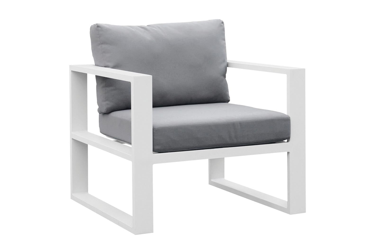 Fauteuil modulable en aluminium blanc mat avec coussins gris épais, design élégant et durable pour jardin extérieur luxe.
