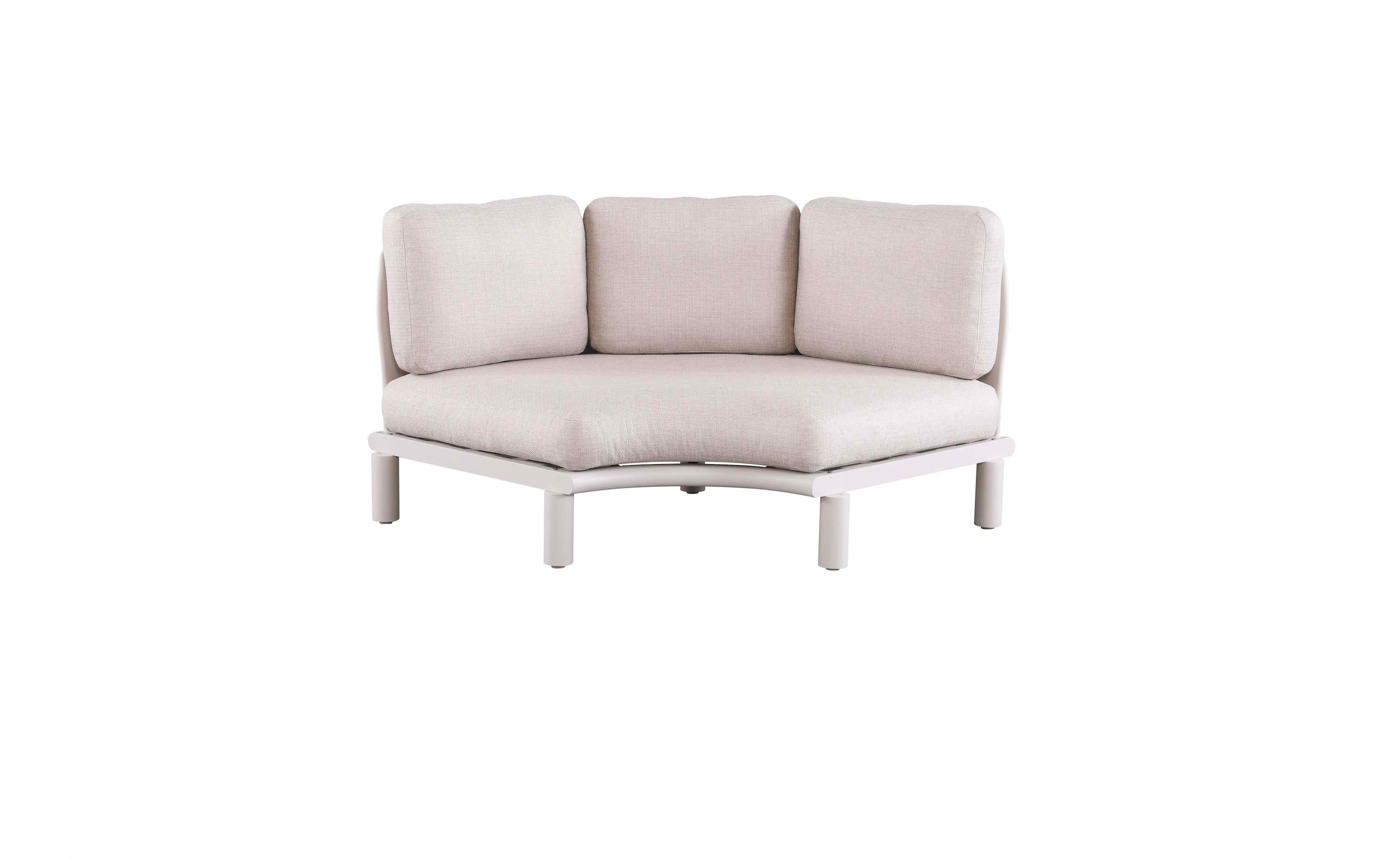 Salon de jardin d'angle en aluminium haut de gamme blanc avec coussins beige, structure en teck FSC courbé, finition.