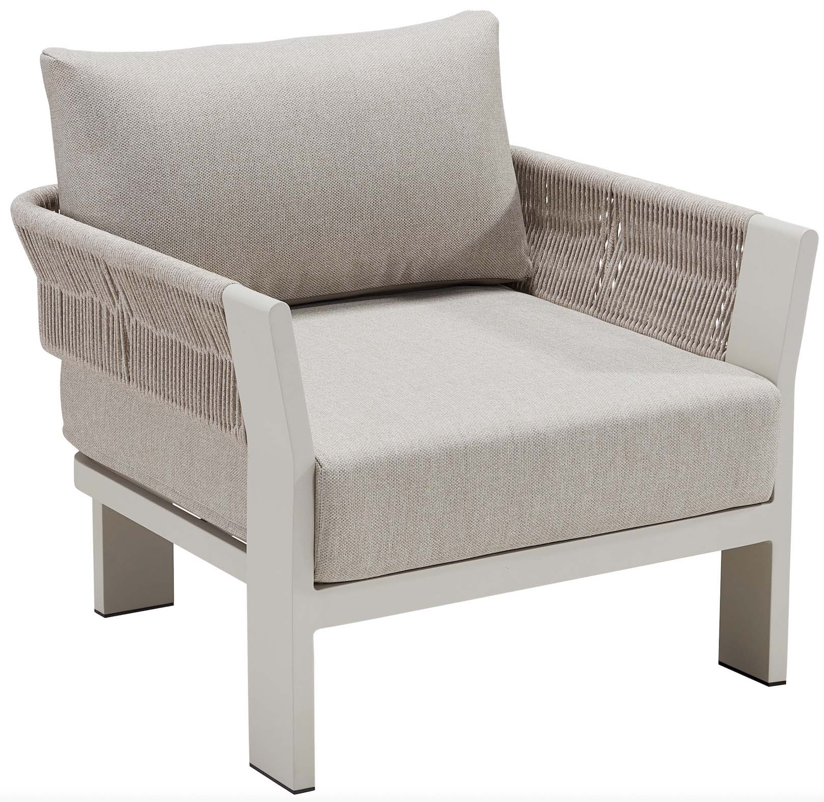 Fauteuil d'extérieur moderne en aluminium blanc avec accoudoirs en corde tressée beige, coussin déhoussable déperlant.