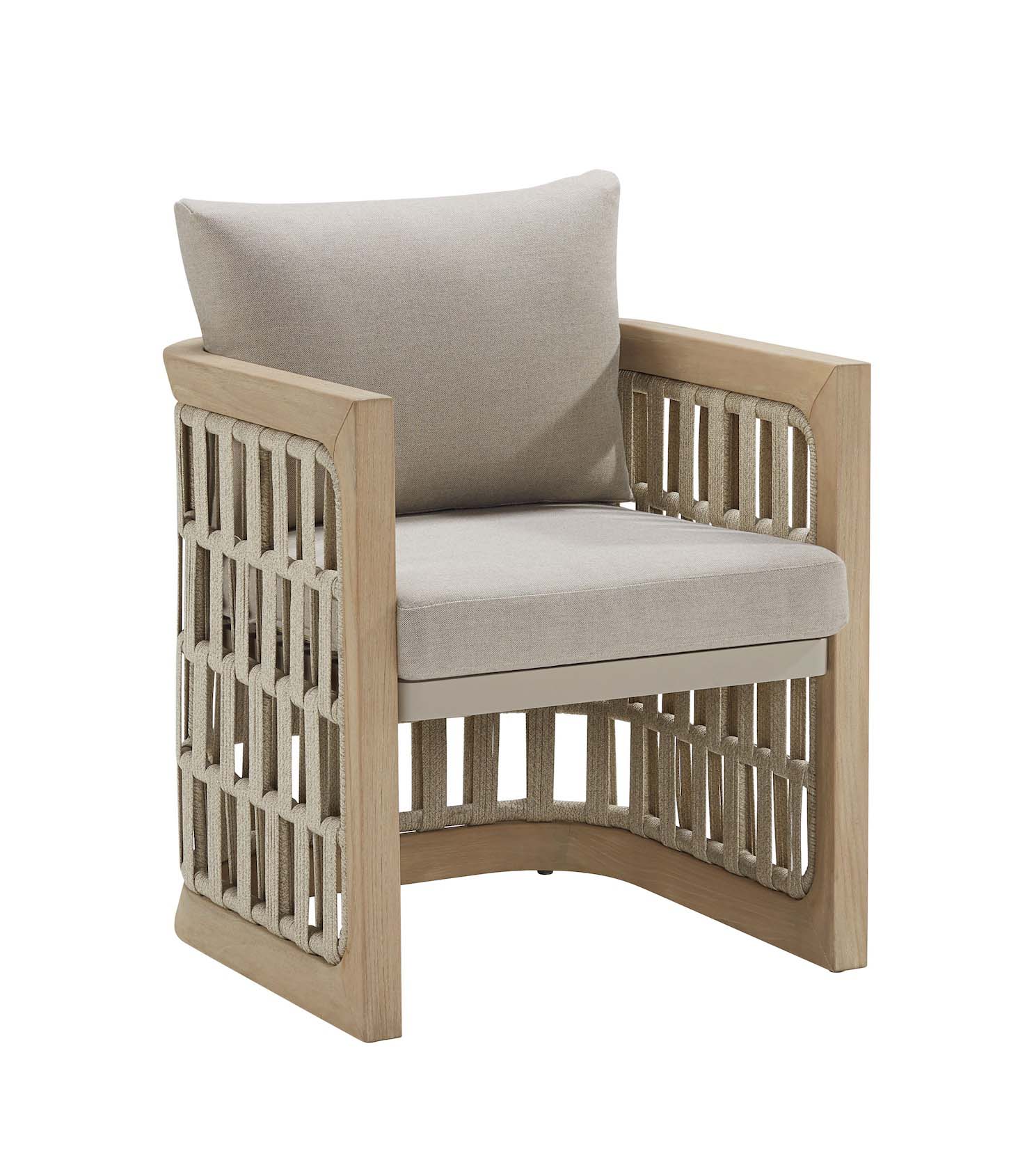 Fauteuil en teck FSC avec accoudoirs en corde tressée, coussins déhoussables en fibre acrylique beige déperlant, design.