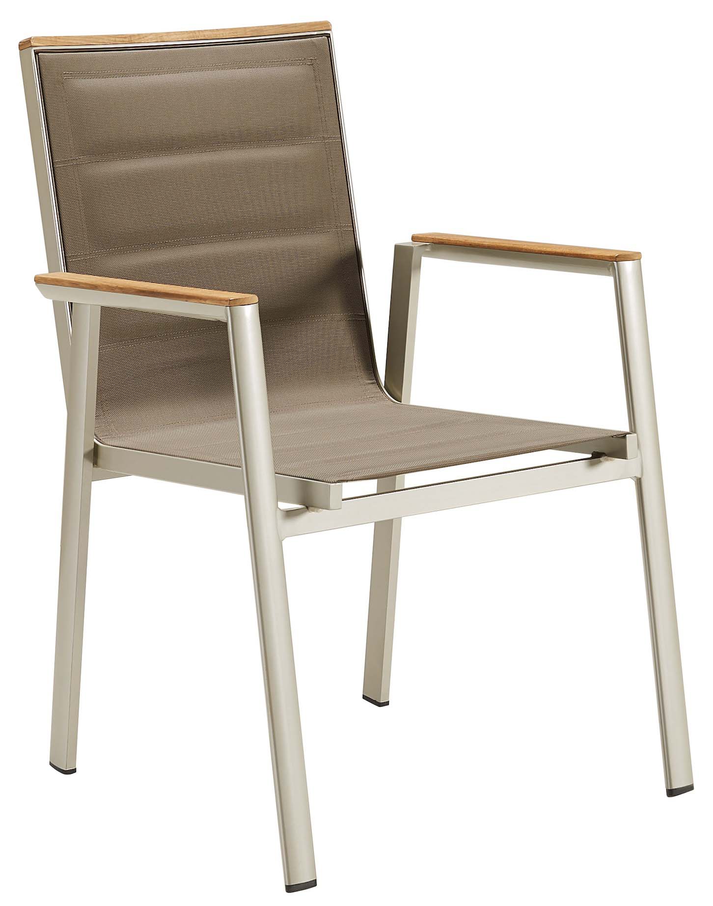 Chaise empilable au design élégant avec structure aluminium inoxydable, accoudoirs en teck FSC et coussin textylène.