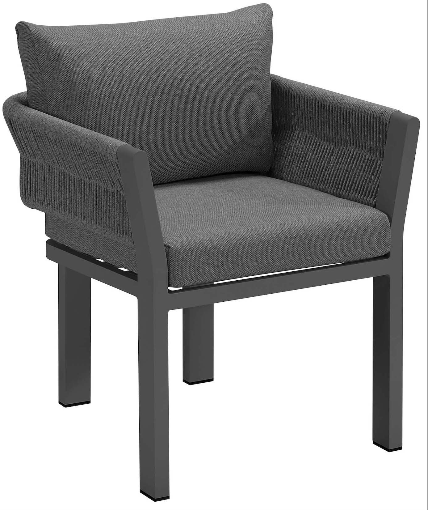 Fauteuil d'extérieur moderne en aluminium gris anthracite avec accoudoirs en corde tressée, coussin déhoussable et déperlant.