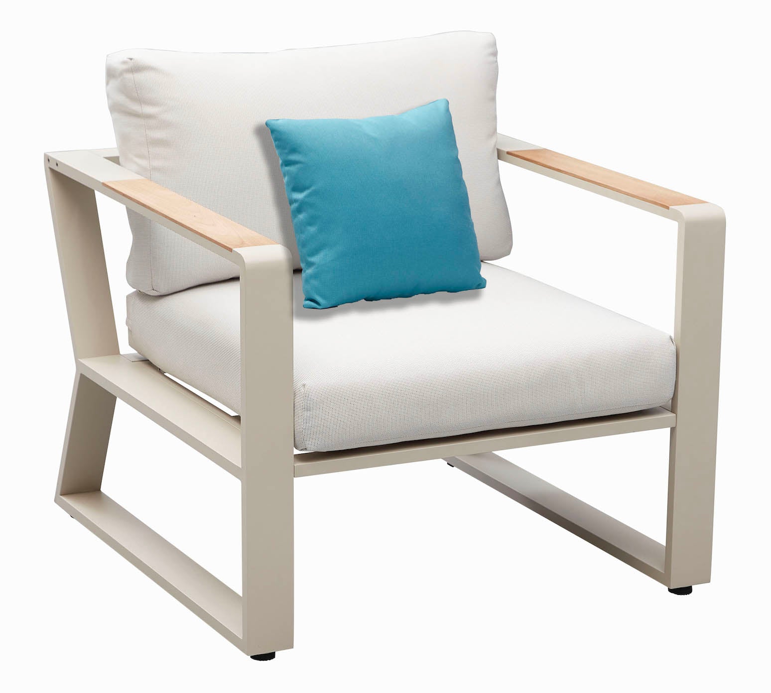 Fauteuil de salon en aluminium haut de gamme avec accoudoirs en teck FSC, coussins en tissu fibre oléfine beige, petit.