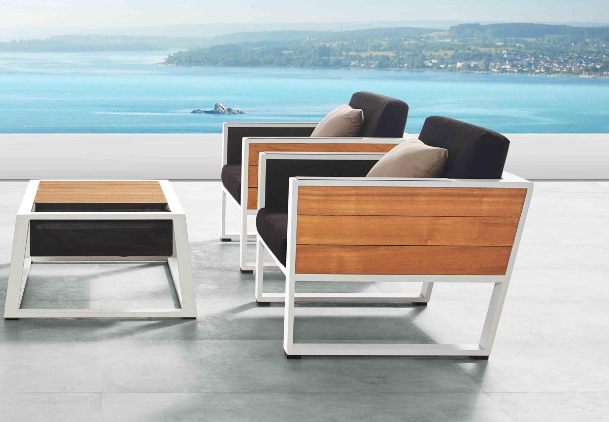 Salon de jardin en aluminium et en bois teck 4 places haut de gamme - YORK MINI