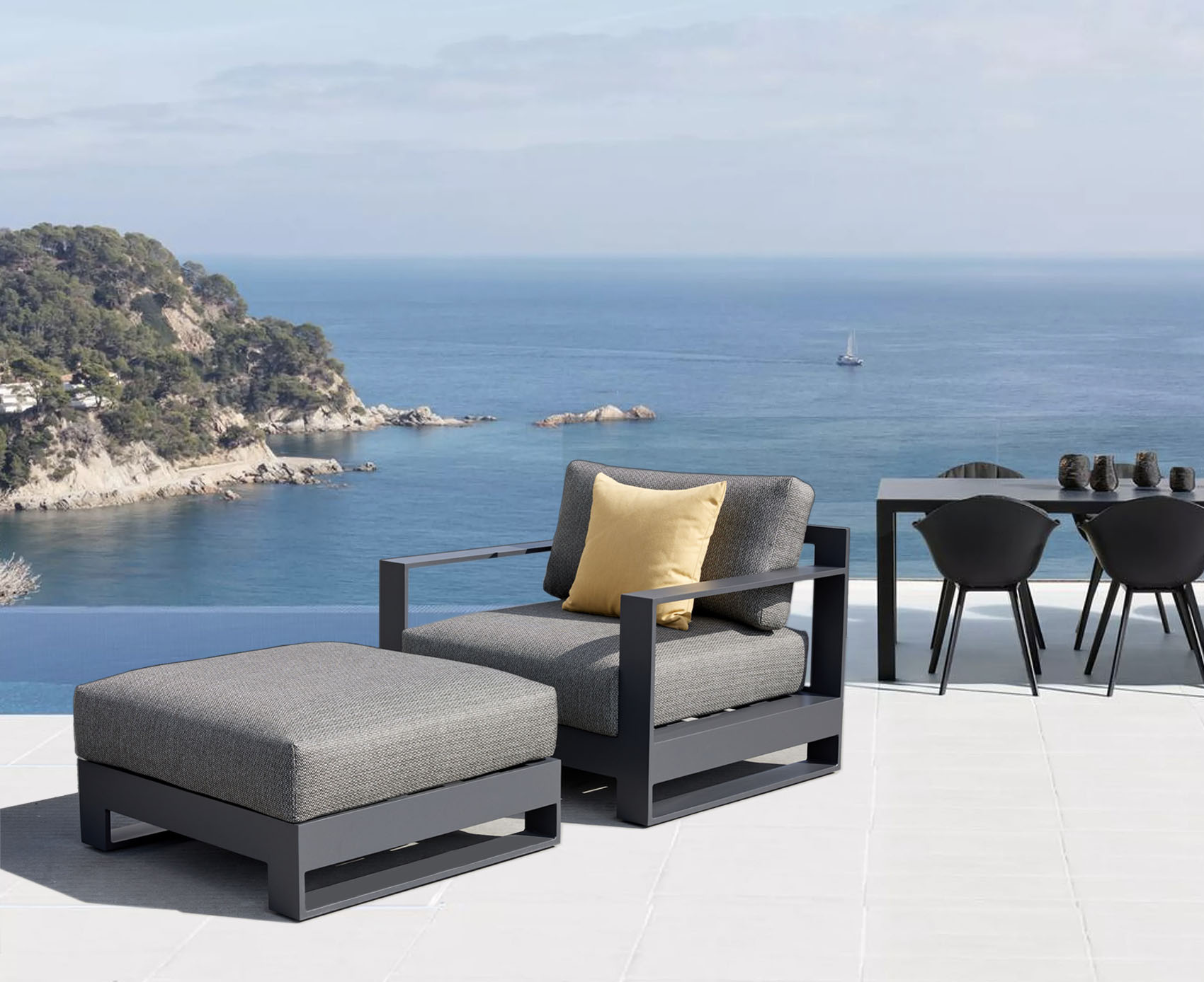 Fauteuil et repose-pied jardin en aluminium haut de gamme noir, coussin gris en tissu oléfine Sunproof, design premium.