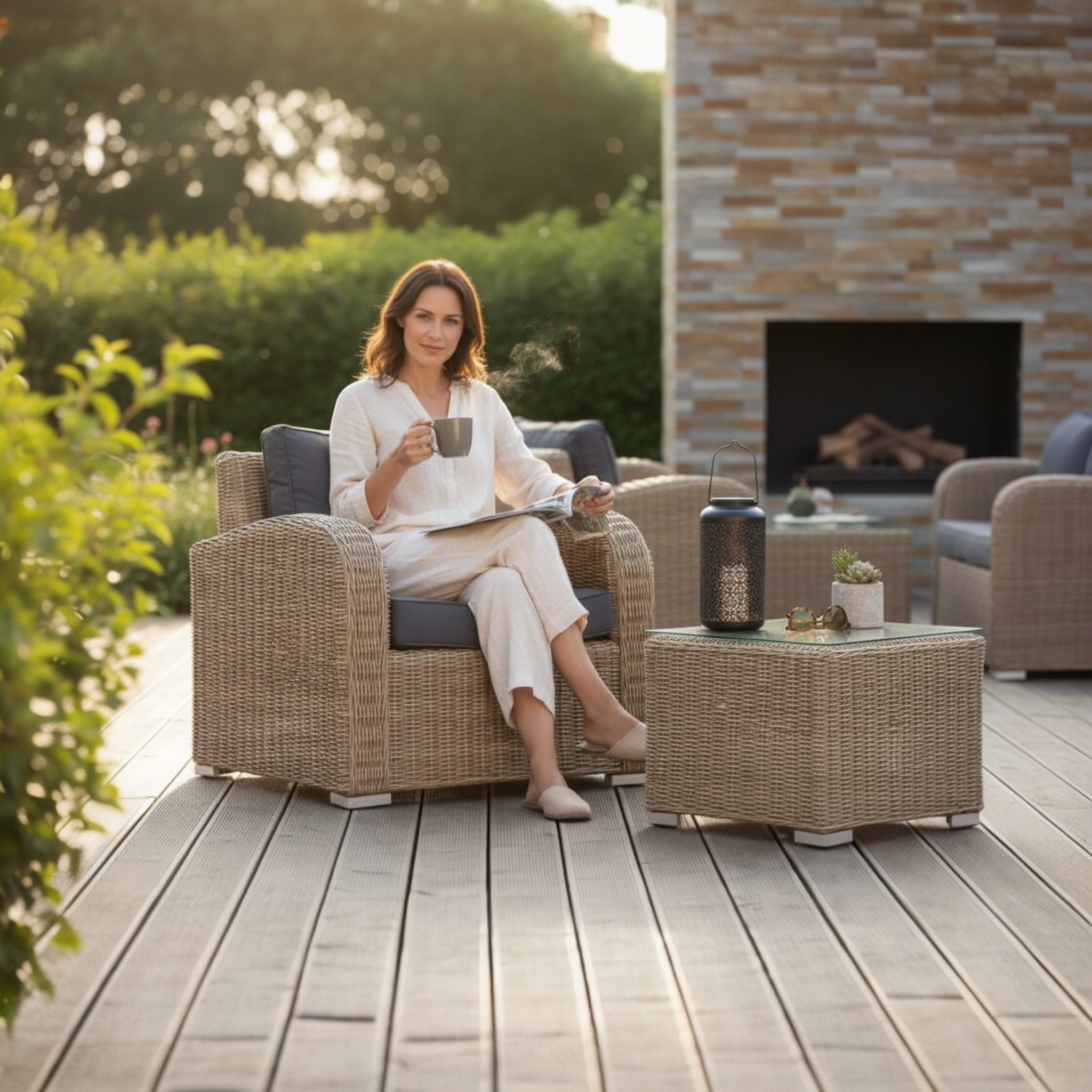 Fauteuil rond en résine tressée rustique avec structure aluminium inoxydable, coussins gris en tissu déperlant et dehoussable.