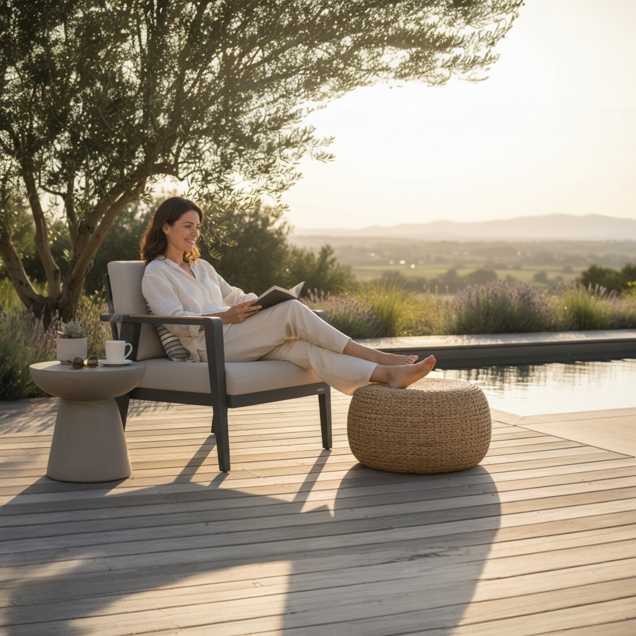 Fauteuil de jardin en aluminium haut de gamme et teck FSC, coussins en tissu oléfine déhoussable et déperlant, design.