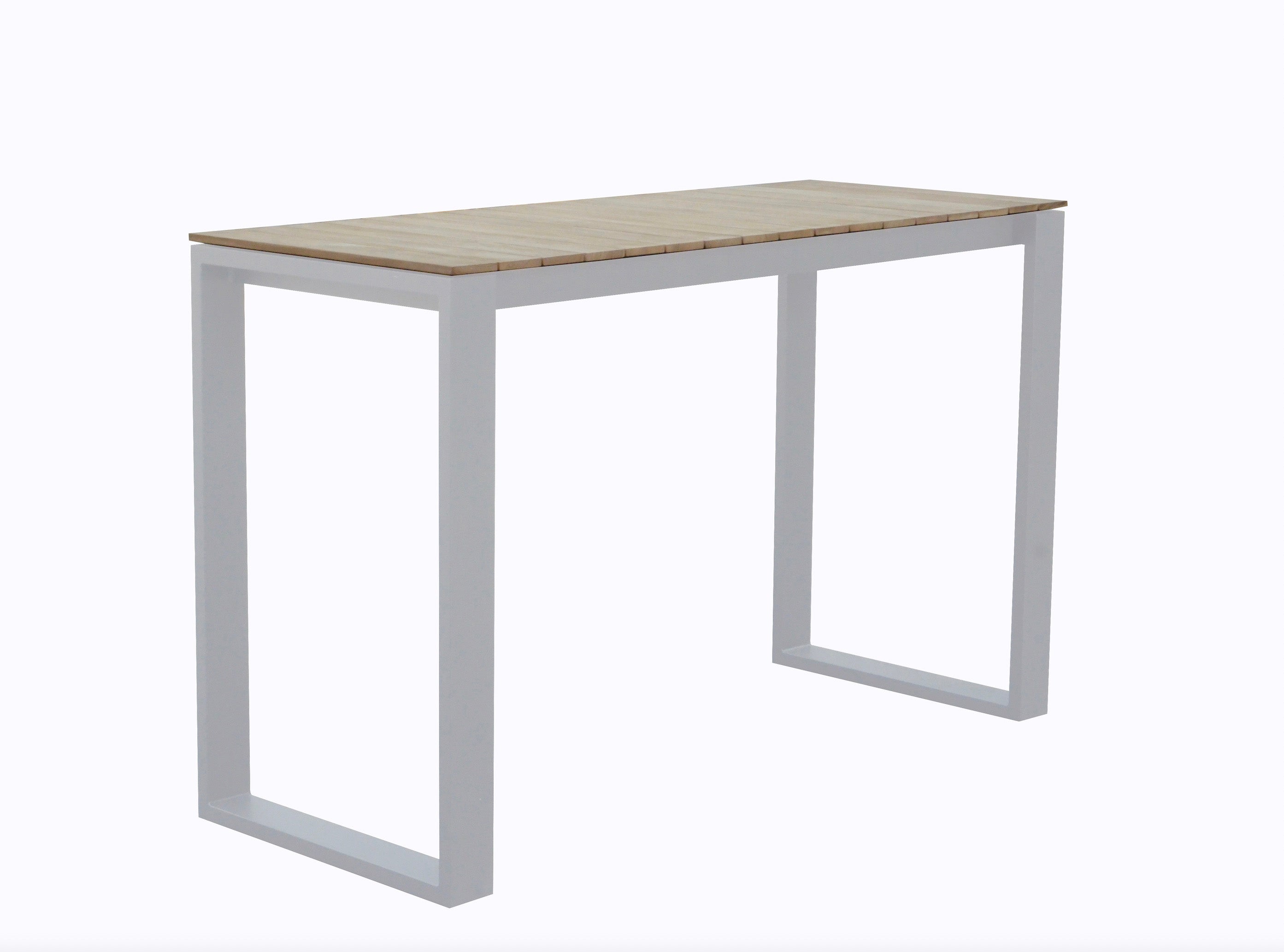 Bar de jardin rectangulaire en aluminium haut de gamme gris clair, plateau en teck FSC naturel, design épuré et élégant.