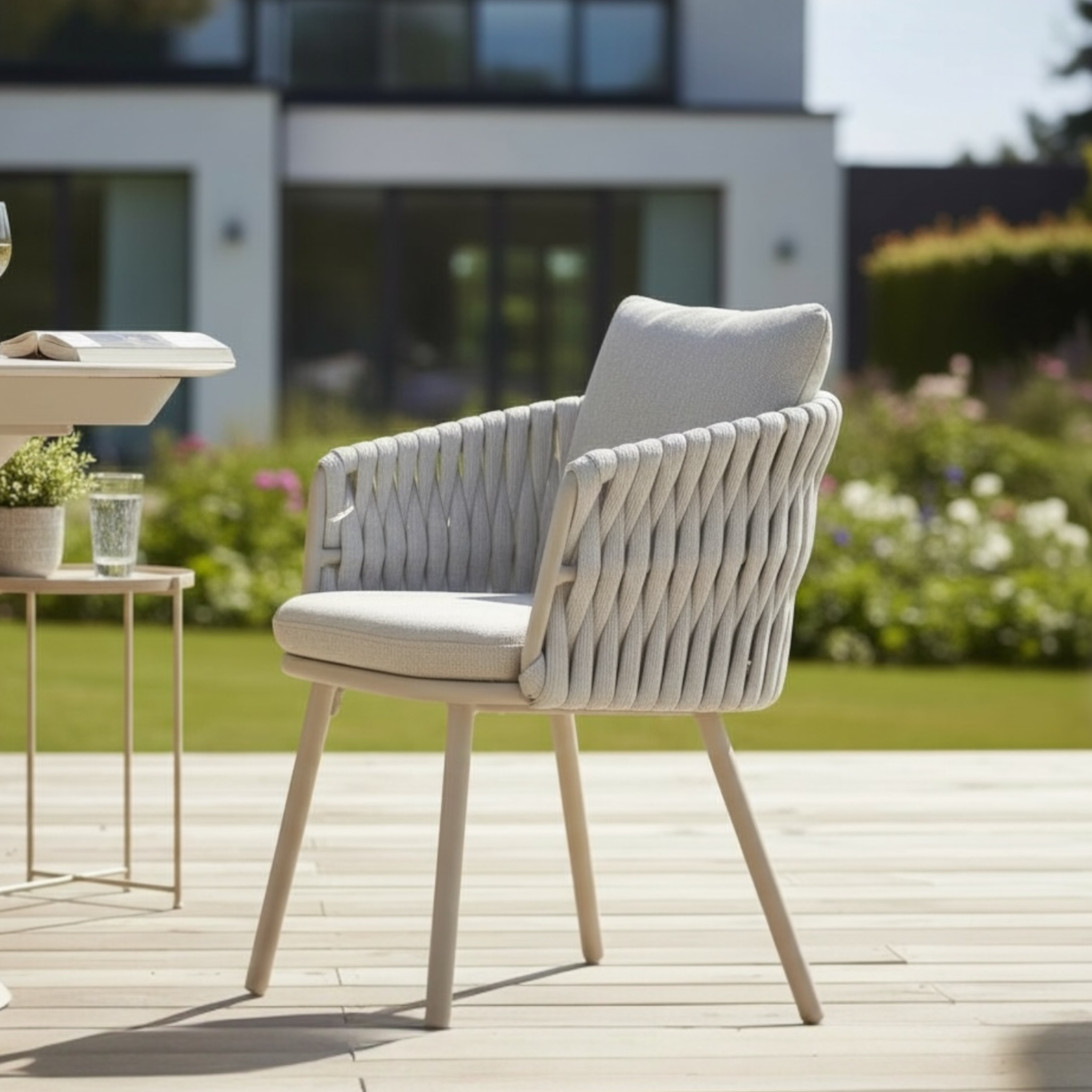 Chaise de jardin design en aluminium et corde beige Livio