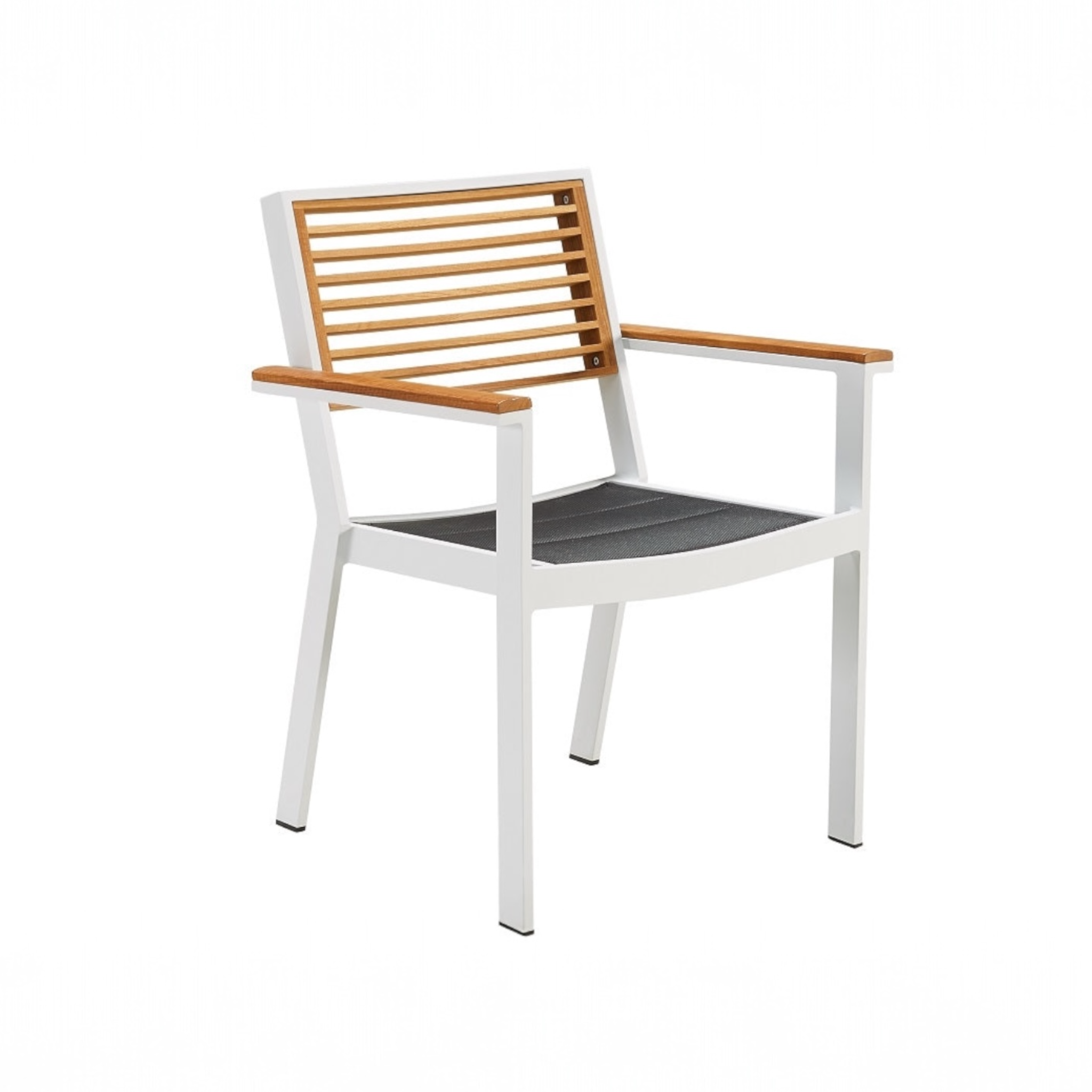 Fauteuil de jardin en aluminium blanc avec accoudoirs en teck et assise ajourée