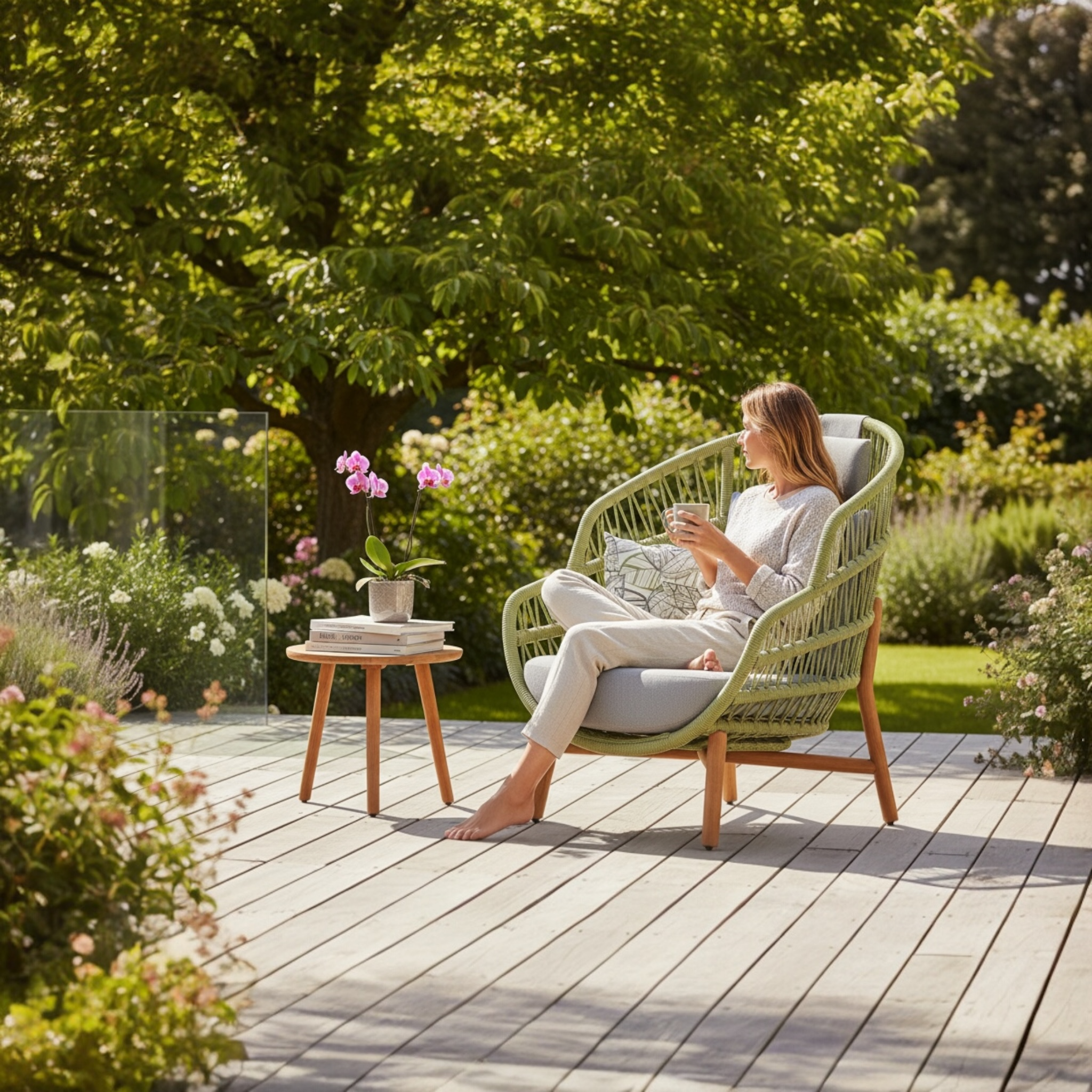 Fauteuil œuf de jardin en corde verte avec dossier haut et coussins gris