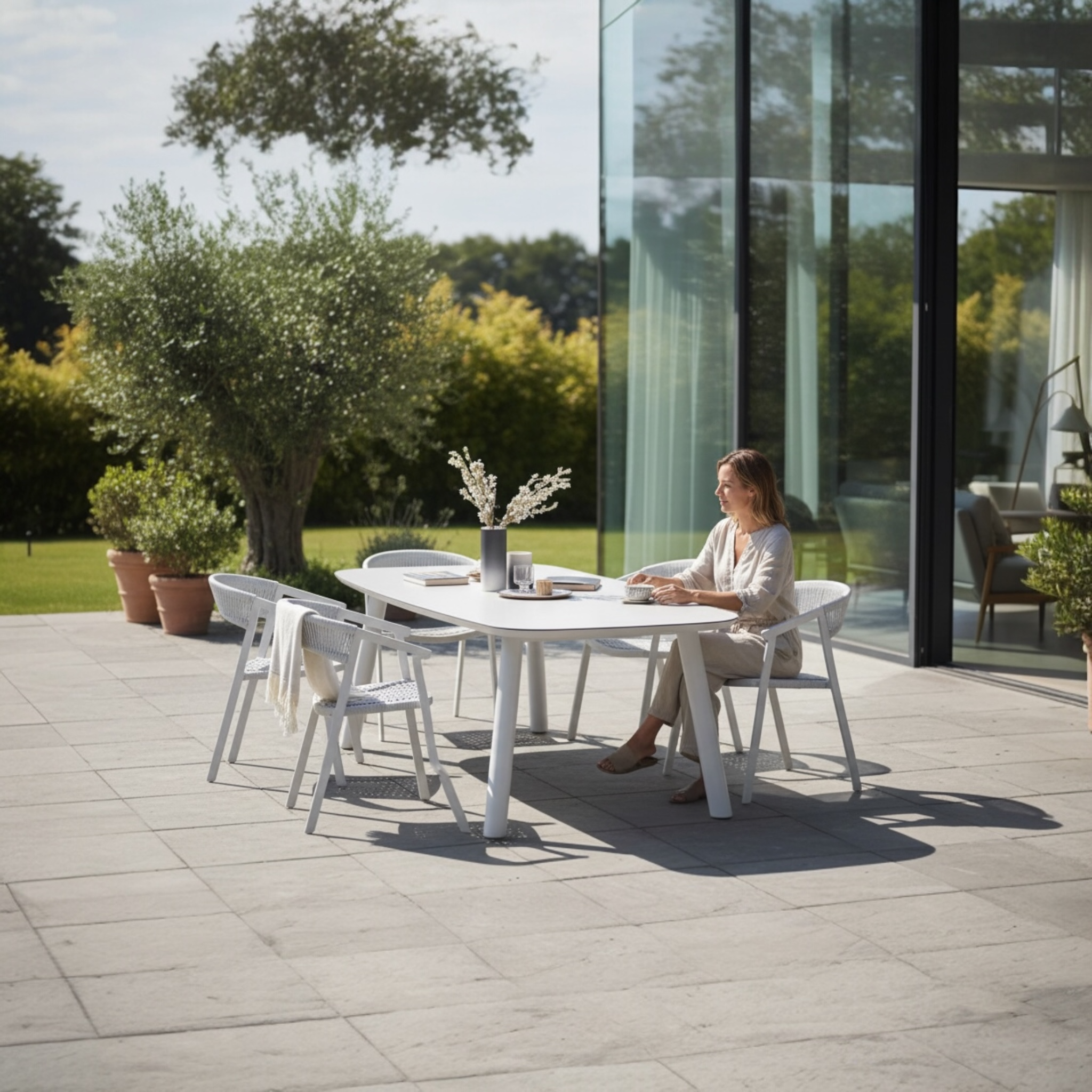 Mise en situation des fauteuils LARA GRIS autour d'une table