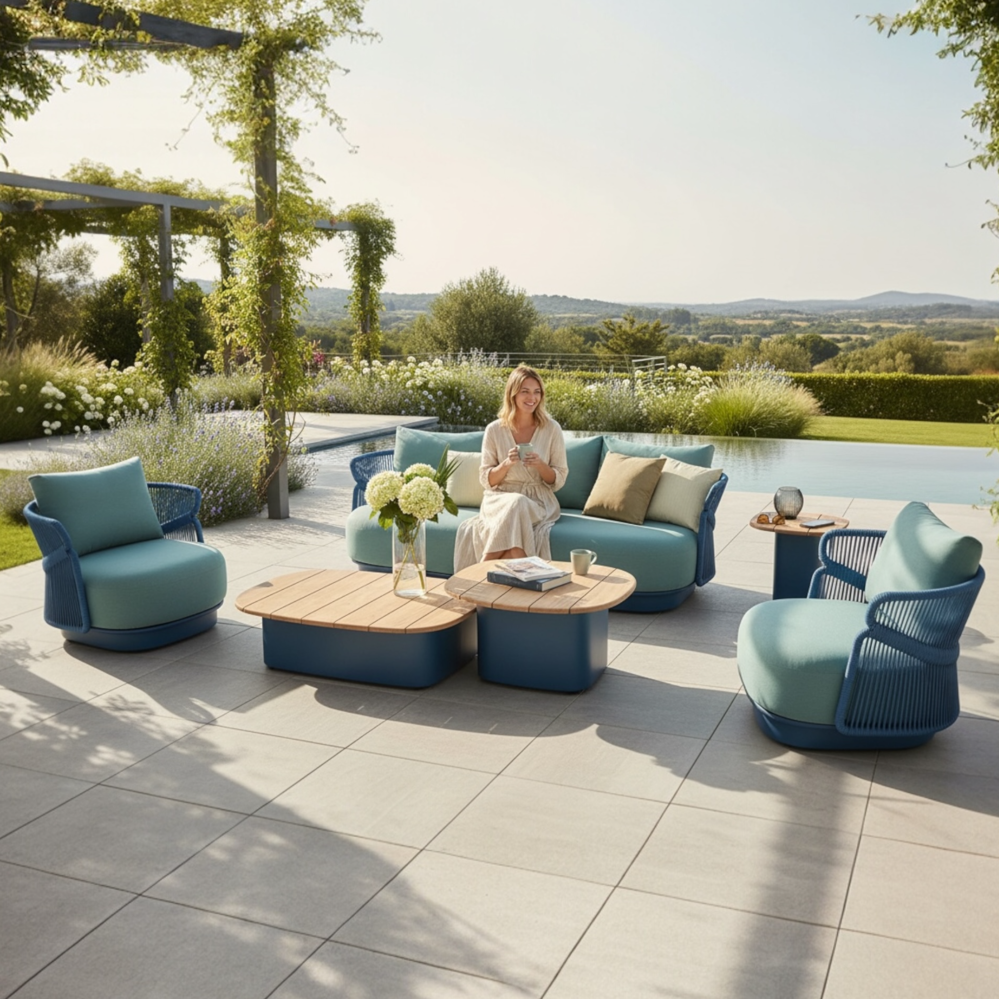 Salon de jardin 5 place haut de gamme en corde tressée et aluminium bleu