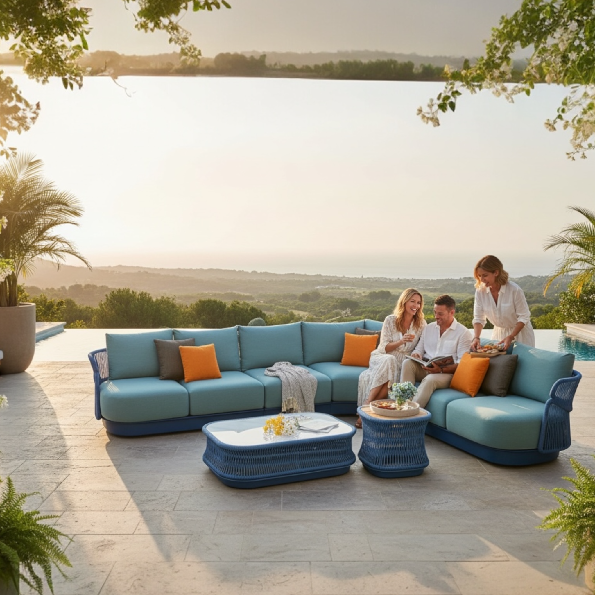 Salon de jardin en angle haut de gamme avec corde tressée bleu