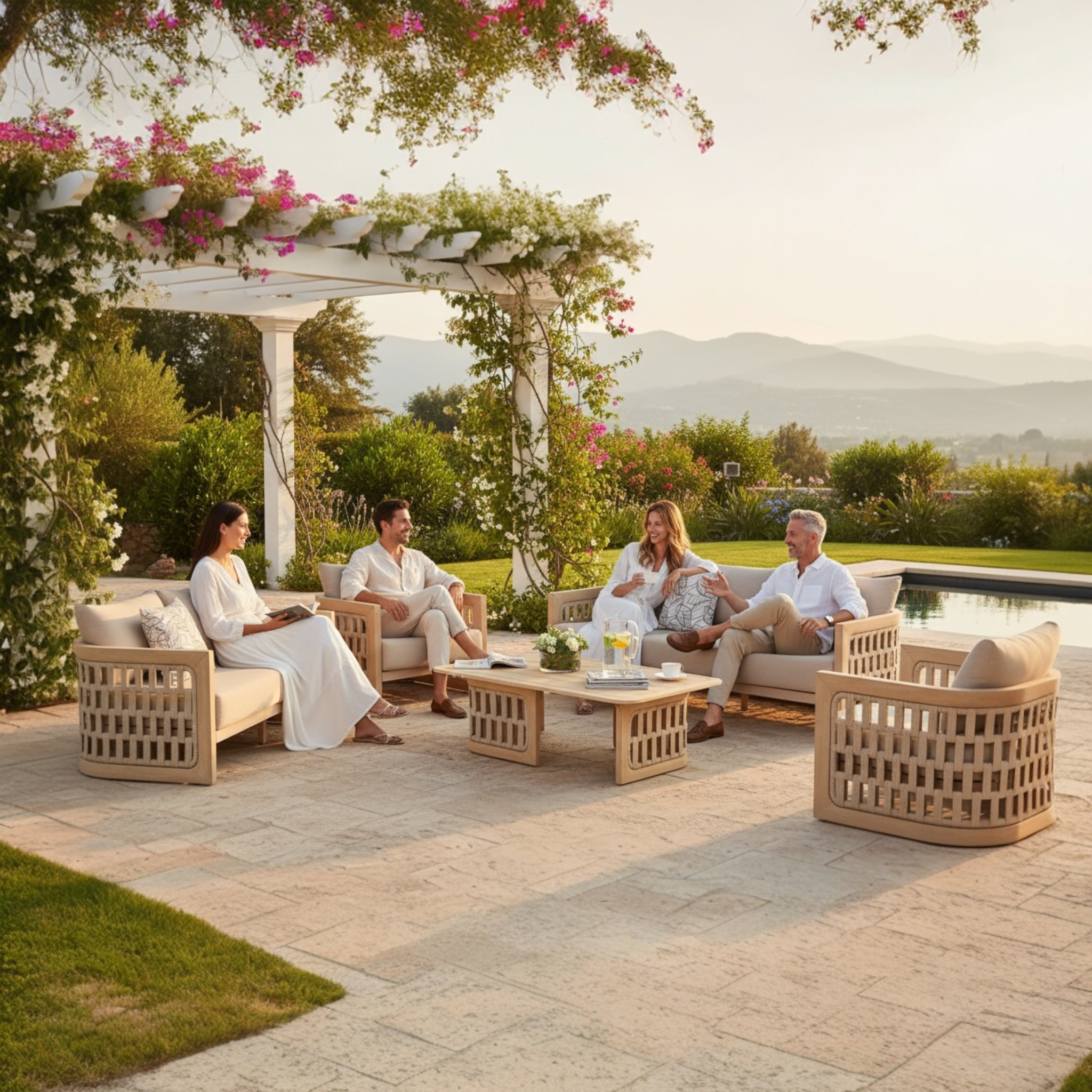 Salon de jardin PALMA XL en teck et corde, ensemble 7 places.