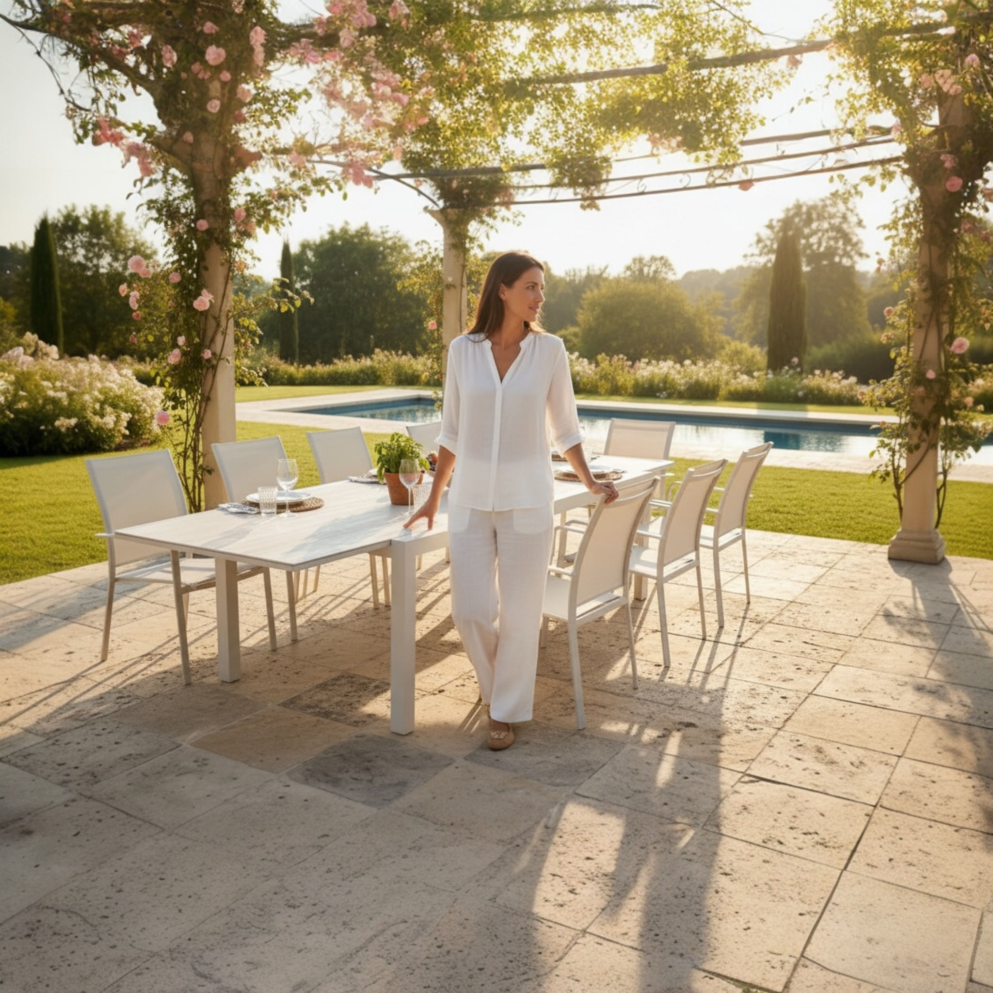 Table repas d'extérieur en aluminium et plateau repas en céramique