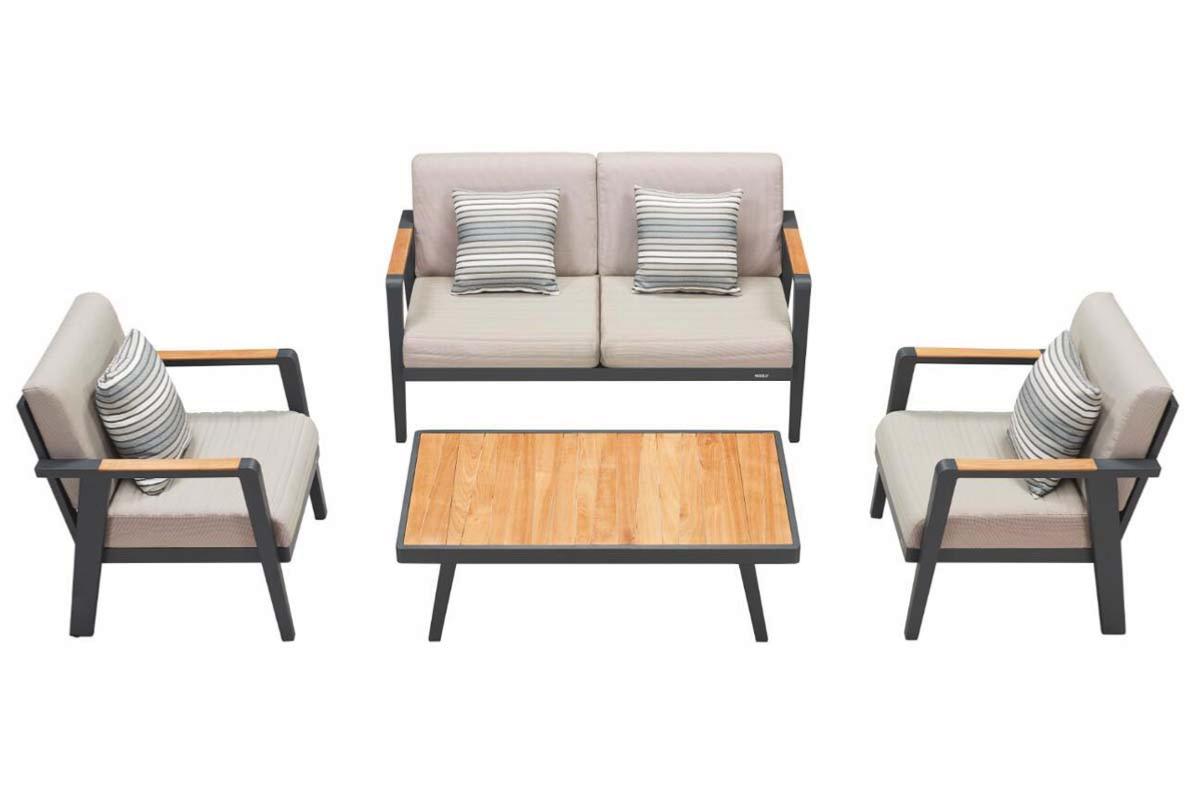 Salon de jardin luxe en aluminium haut de gamme noir et teck FSC, coussins en tissu oléfine beige avec housse déperlante.