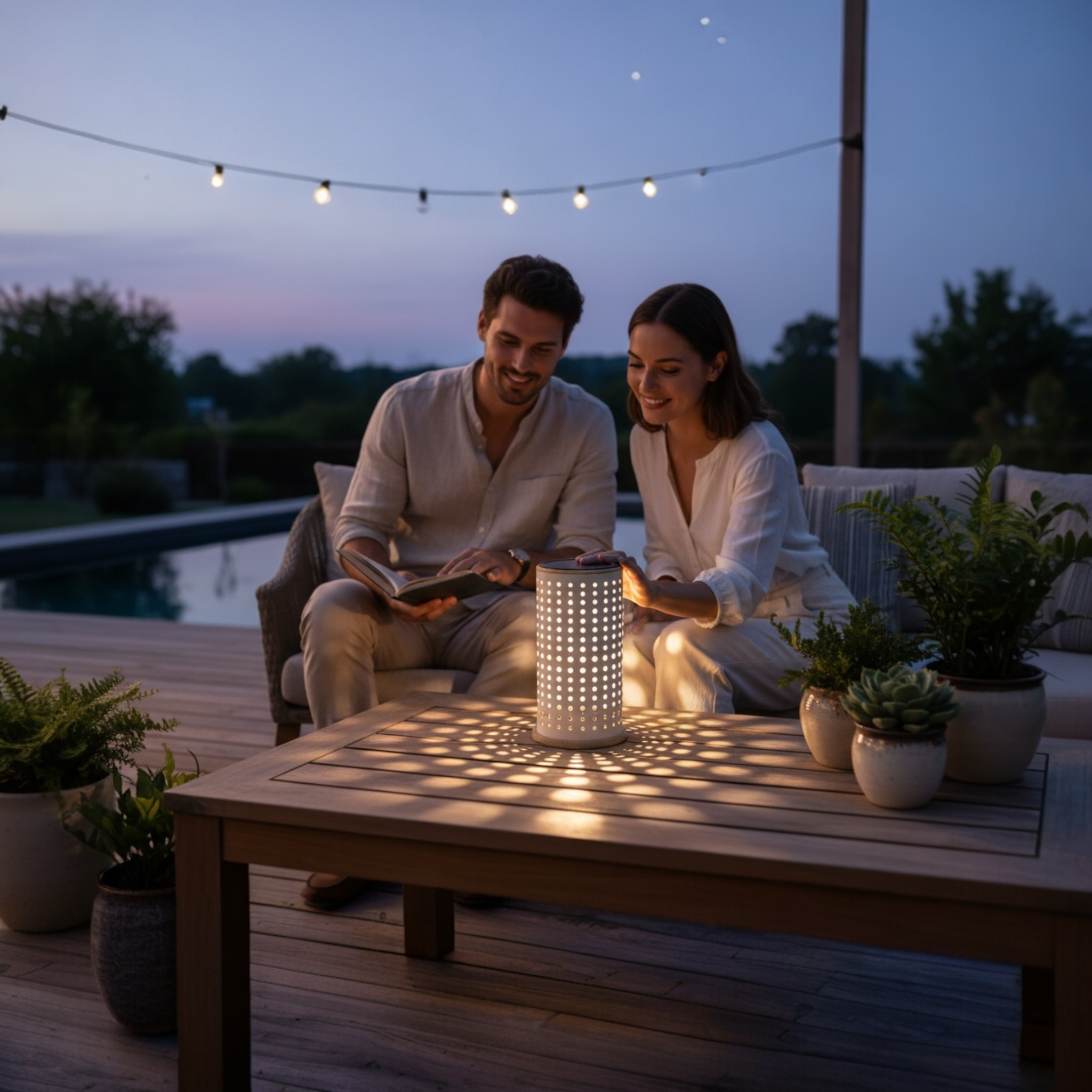 Jolie lampe solaire en coloris beige avec effet d'ombrage à la nuit tombée