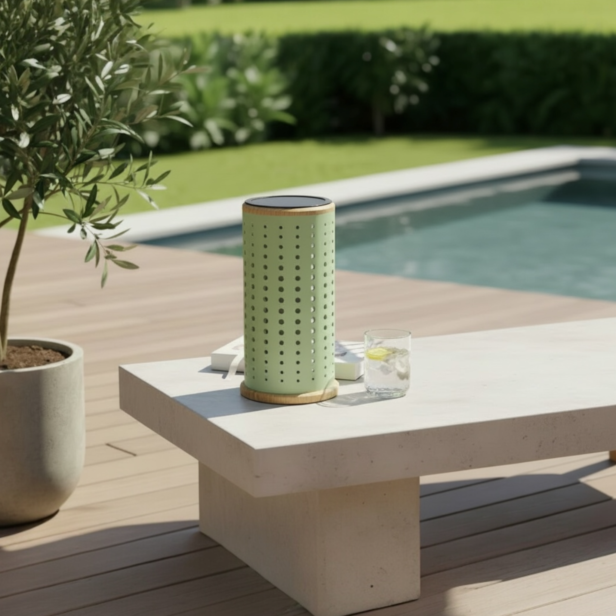 Belle lampe solaire design verte avec base en teck