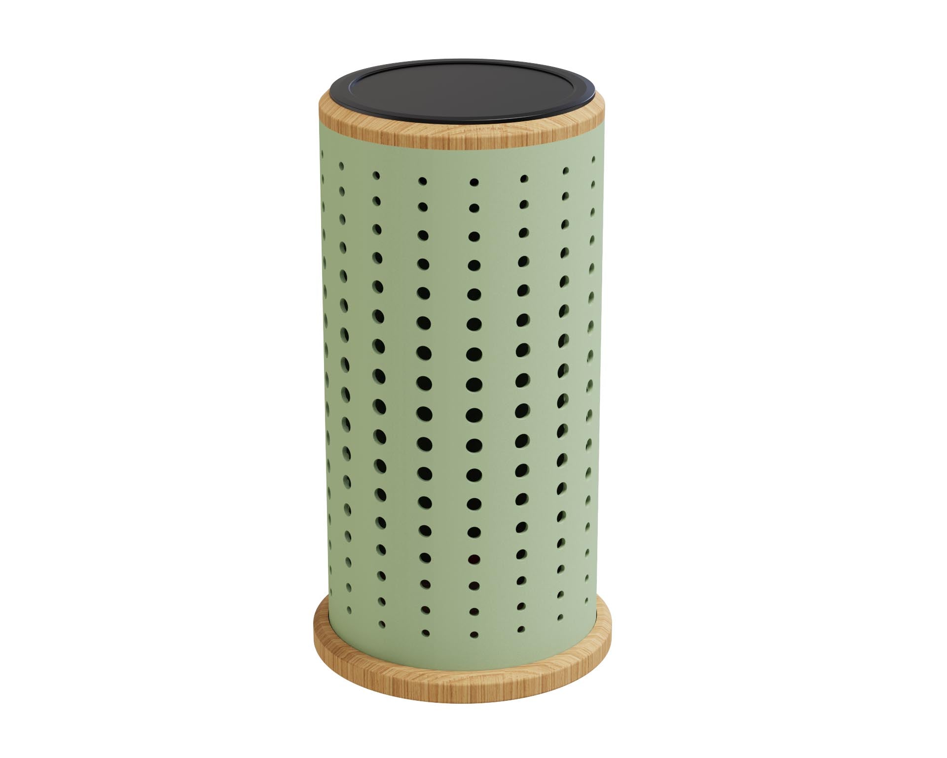 Lampe solaire de coloris vert sur fond blanc avec socle en bois teck massif