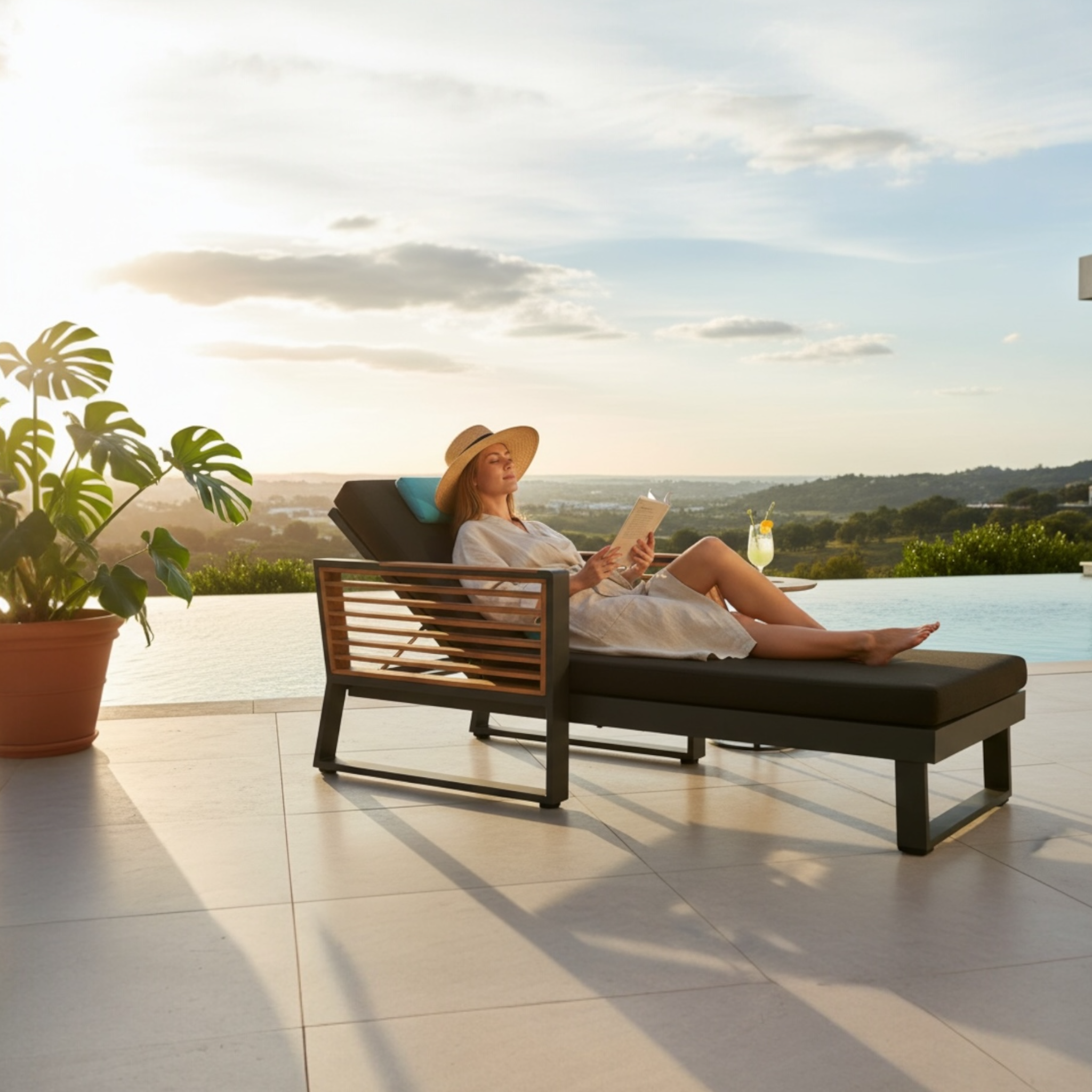 Bain de soleil COFY en aluminium noir avec dossier inclinable et accoudoirs en teck