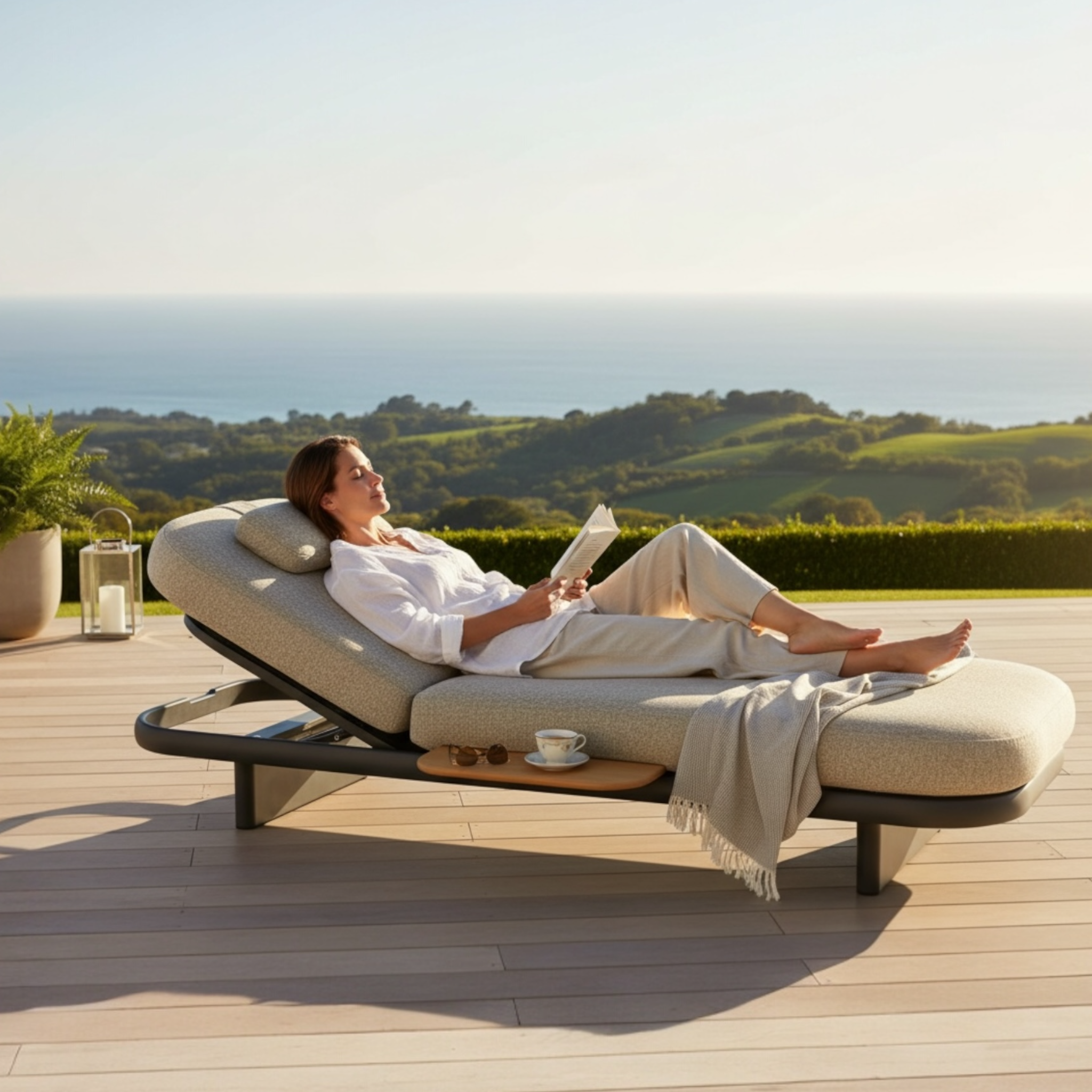 Transat ROSA en aluminium gris anthracite avec coussin gris, design contemporain