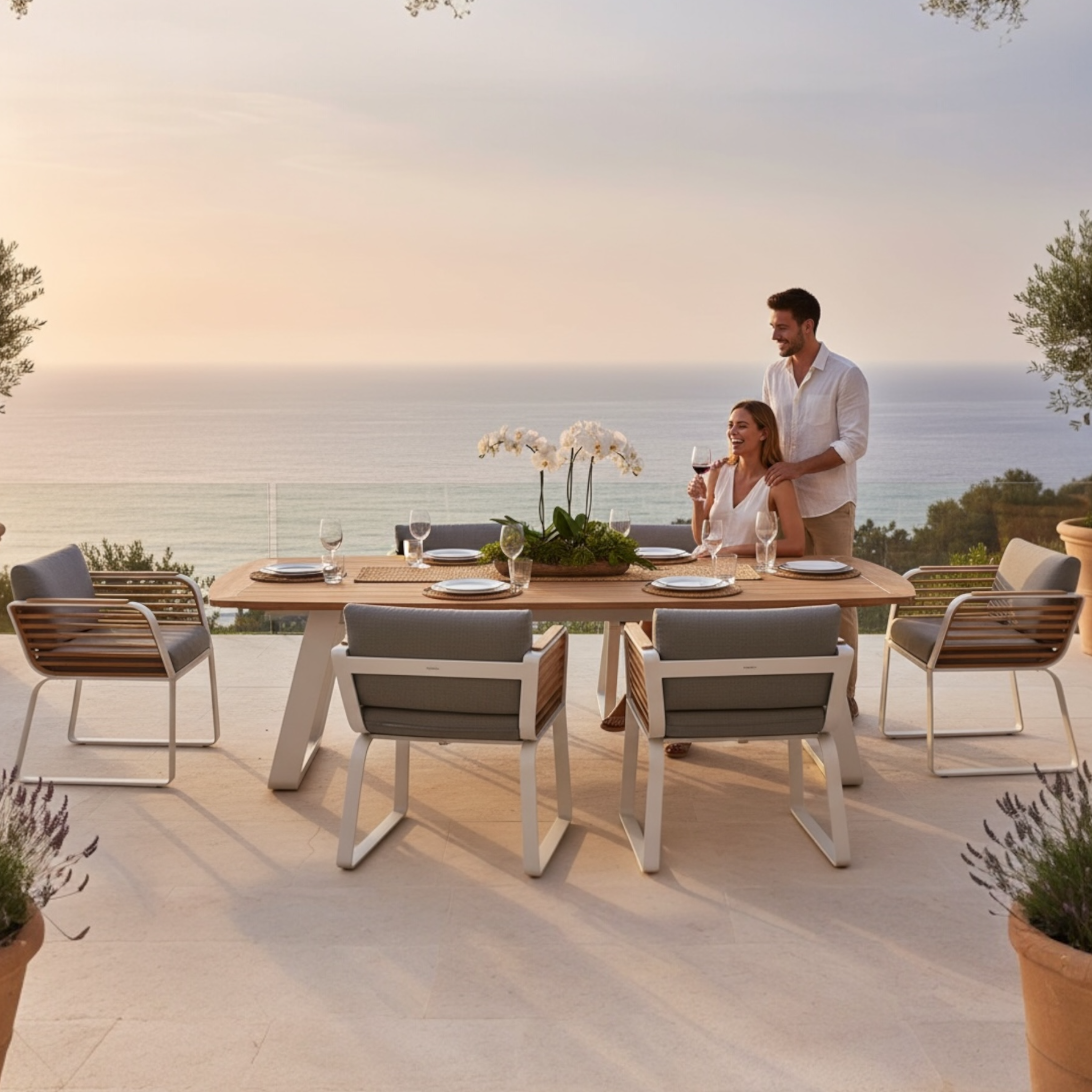 Table et fauteuils AILY en aluminium blanc et teck, mise en scène extérieure