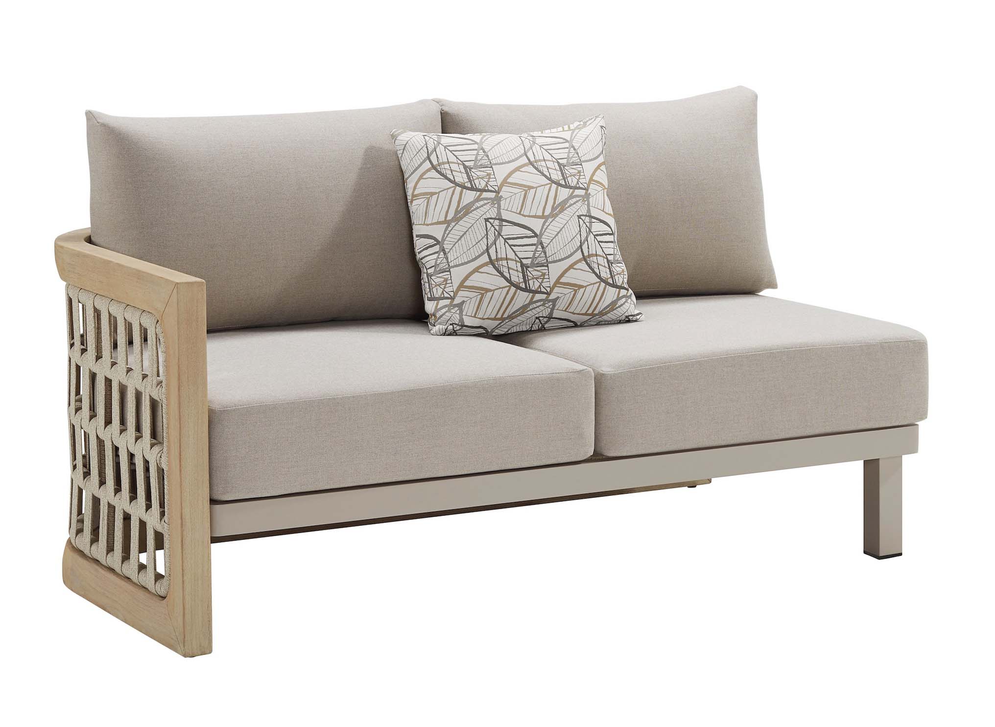 Banquette d’angle luxe en teck FSC avec accoudoir en corde tressée, coussins déhoussables en fibre acrylique déperlante.