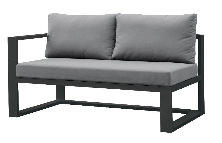 Salon de jardin d'angle modulable en aluminium noir mat, design haut de gamme avec coussins gris élégants, structure durable.