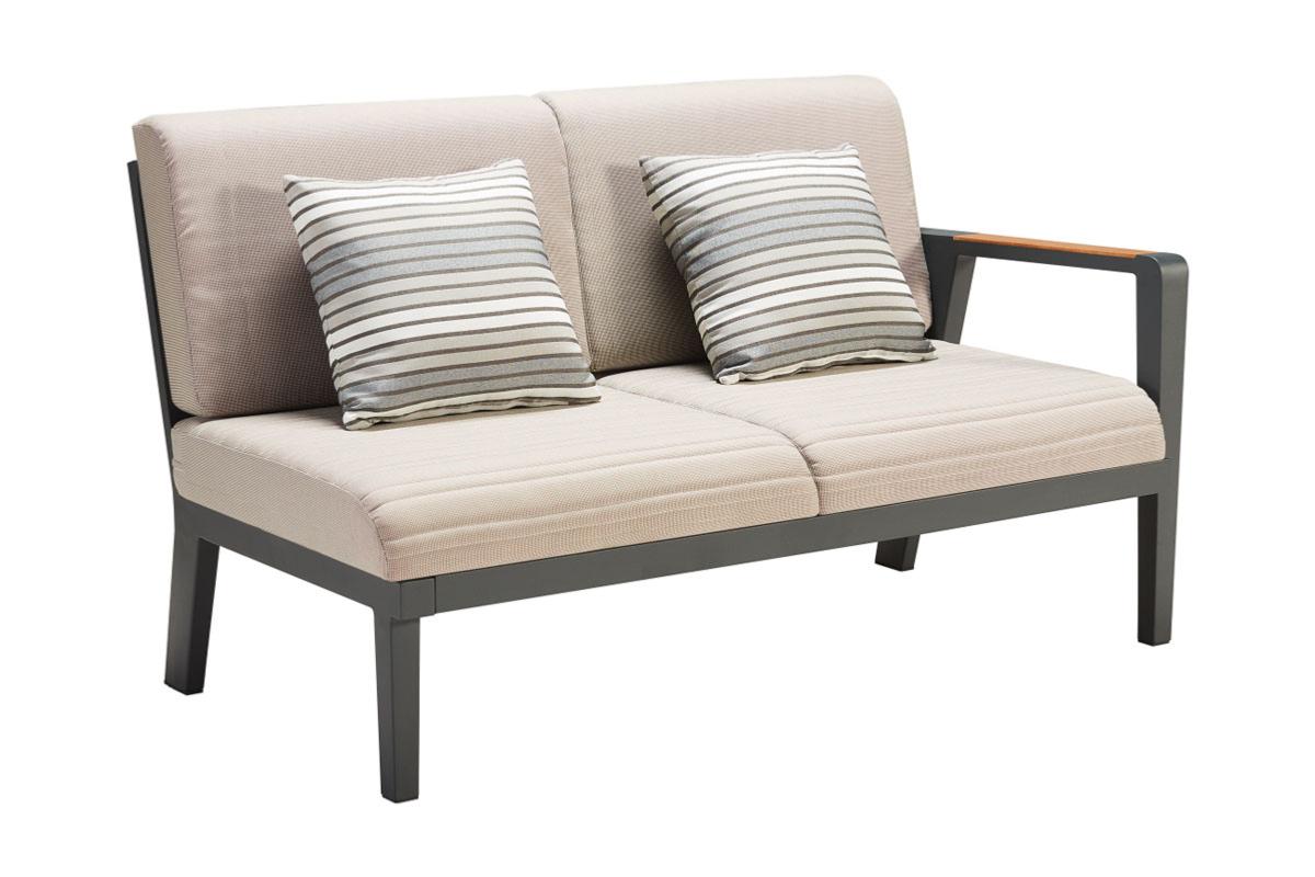 Salon de jardin d'angle en aluminium haut de gamme gris anthracite avec coussins en tissu oléfine beige, housse déperlante.