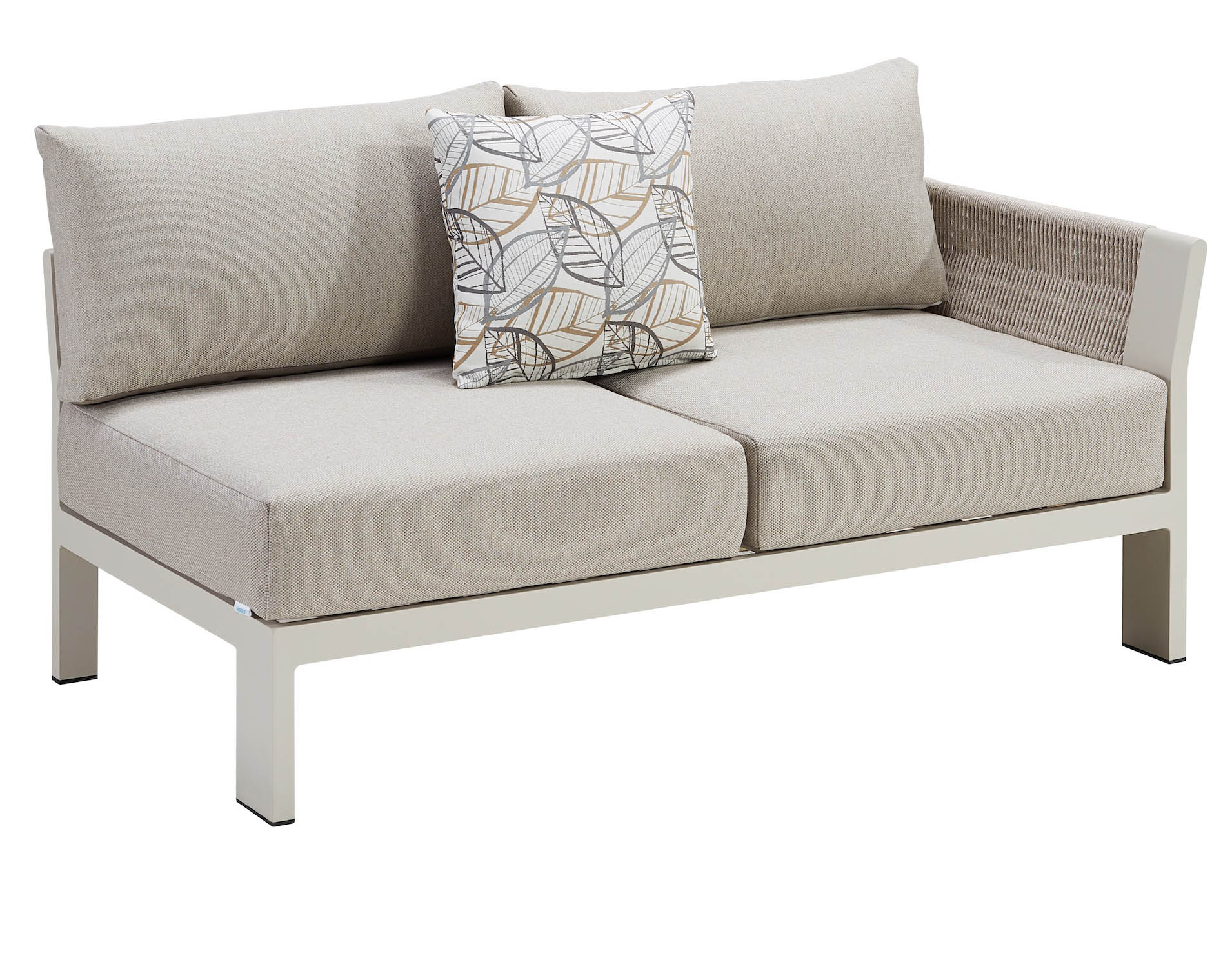 Canapé d’angle extérieur moderne en aluminium avec structure en teck FSC, assise à coussins déhoussables déperlants beige.