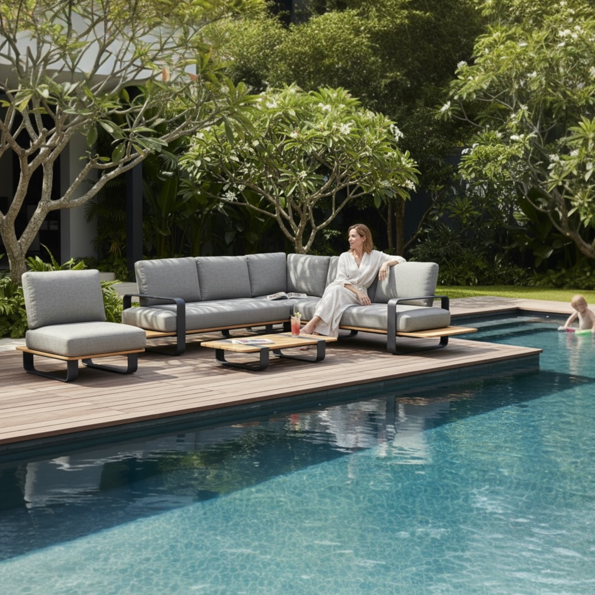 Salon de jardin ROMEO MINI en aluminium gris anthracite et teck, deux méridiennes et table basse