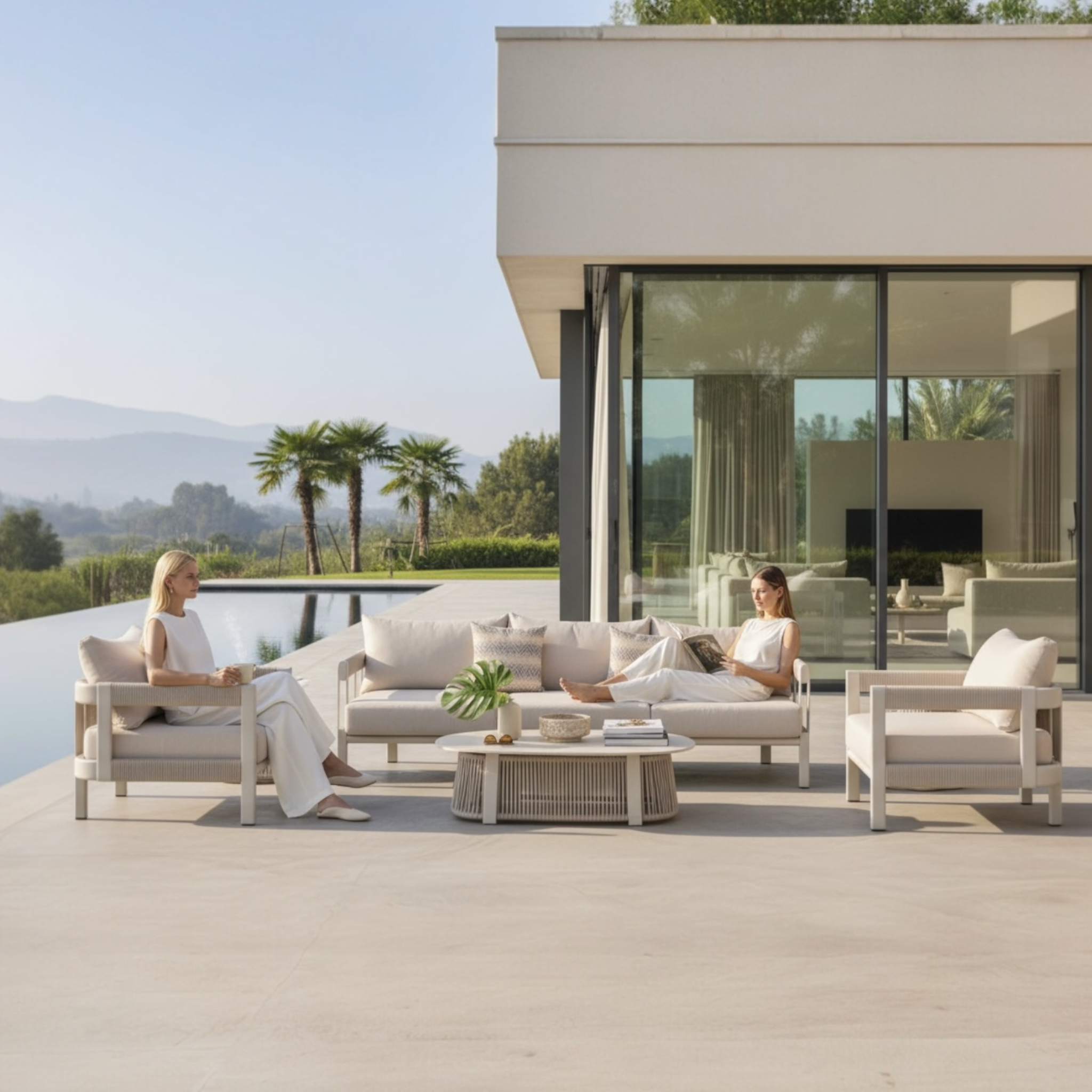 Mobilier de jardin en aluminium et corde tressée 5 places avec coussins déperlants et déhoussables